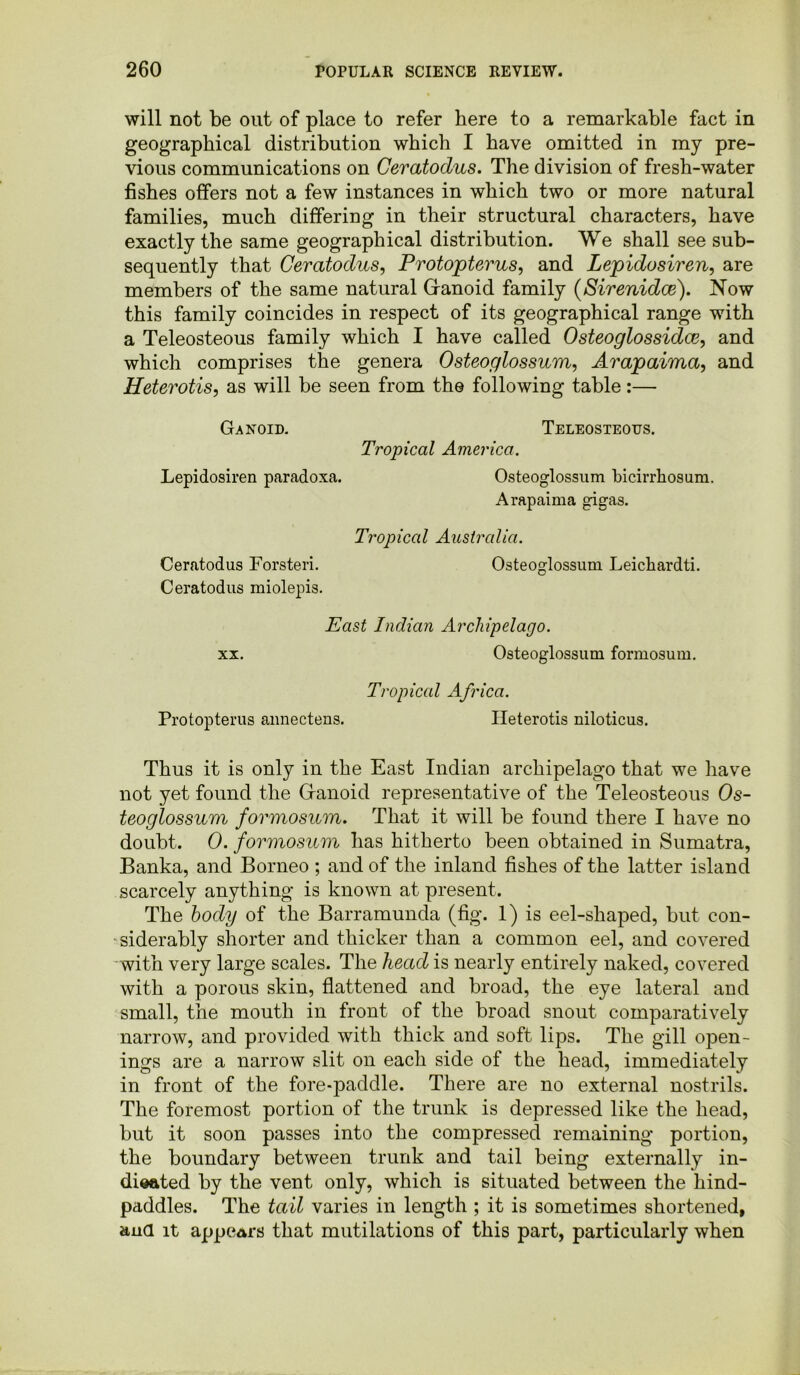 will not be out of place to refer here to a remarkable fact in geographical distribution which I have omitted in my pre- vious communications on Ceratodus. The division of fresh-water fishes offers not a few instances in which two or more natural families, much differing in their structural characters, have exactly the same geographical distribution. We shall see sub- sequently that Ceratodus, Protopterus, and Lepidosiren, are members of the same natural Ganoid family (Sirenidce). Now this family coincides in respect of its geographical range with a Teleosteous family which I have called Osteoglossidce, and which comprises the genera Osteoglossum, Arapaima, and Heterotis, as will be seen from the following table:— Ganoid. Teleosteous. Tropical America. Lepidosiren paradoxa. Osteoglossum bicirrhosum. Arapaima gigas. Tropical Australia. Ceratodus Forsteri. Osteoglossum Leichardti. Ceratodus miolepis. East Indian Archipelago. xx. Osteoglossum formosum. Tropical Africa. Protopterus annectens. Heterotis niloticus. Thus it is only in the East Indian archipelago that we have not yet found the Ganoid representative of the Teleosteous Os- teoglossum formosum. That it will be found there I have no doubt. 0. formosum has hitherto been obtained in Sumatra, Banka, and Borneo ; and of the inland fishes of the latter island scarcely anything is known at present. The body of the Barramunda (fig. 1) is eel-shaped, but con- siderably shorter and thicker than a common eel, and covered with very large scales. The head is nearly entirely naked, covered with a porous skin, flattened and broad, the eye lateral and small, the mouth in front of the broad snout comparatively narrow, and provided with thick and soft lips. The gill open- ings are a narrow slit on each side of the head, immediately in front of the fore-paddle. There are no external nostrils. The foremost portion of the trunk is depressed like the head, but it soon passes into the compressed remaining portion, the boundary between trunk and tail being externally in- dieated by the vent only, which is situated between the hind- paddles. The tail varies in length ; it is sometimes shortened, ana it appears that mutilations of this part, particularly when