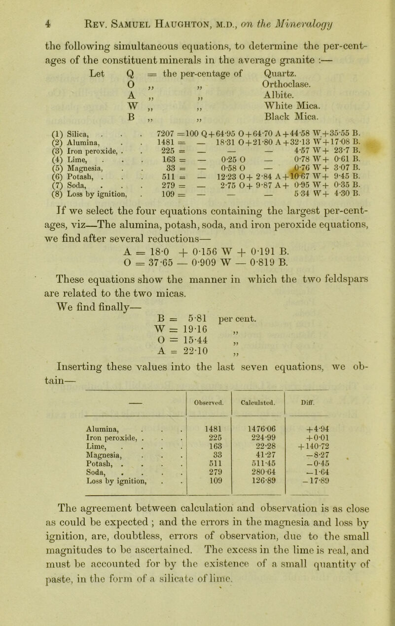 the following simultaneous equations, to determine the per-cent- ages of the constituent minerals in the average granite :— Let Q = the per-centage of Quartz. O )) Orthoclase. A )) )) Albite. W White Mica. B Black Mica. (1) Silica, 7207 =100 Q+ 64-95 0 + 64-70 A + 44-58 W + 35-55 B. (2) Alumina, 1481 = — 18-31 0 + 21-80 A+32-13 W + 17-08 B. (3) Iron peroxide, . 225 = — _ _ 4-57 W + 23-7 B. (4) Lime, 163 = — 0-25 0 — 0-78 W + 0-61 B. (5) Magnesia, 33 = — 0-58 0 — 0-76 W + 3 07 B. (6) Potash, . 511 = — 12-23 0+ 2-84 A + 10-67 W+ 9-45 B. (7) Soda, 279 = — 2-75 0+ 9-87 A + 0-95 W + 0-35 B. (8) Loss by ignition, 109 = — _ _ 5-34 W + 4-30 B. Jf we select the four equations containing the largest per-cent- ages, viz—The alumina, potash, soda, and iron peroxide equations, we find after several reductions— A = 18-0 + 0-156 W -f- 0-191 B. O = 37-65 — 0-909 W — 0-819 B. These equations show the manner in which the two feldspars are related to the two micas. We find finally— B = 5-81 percent. W= 19-16 O = 15-44 A = 22-10 Inserting these values into the last seven equations, we ob- tain— Observed. Calculated. Diff. Alumina, 1481 1476-06 + 4-94 Iron peroxide, . 225 224-99 + 0-01 Lime, .... 163 22-28 + 140-72 Magnesia, 33 41-27 -8-27 Potash, .... 511 511-45 -0-45 Soda, .... 279 28064 — 1-64 Loss by ignition, 109 126-89 -17-89 The agreement between calculation and observation is as close as could be expected ; and the errors in the magnesia and loss by ignition, are, doubtless, errors of observation, due to the small magnitudes to be ascertained. The excess in the lime is real, and must be accounted for by the existence of a small quantity of paste, in the form of a silicate of lime.