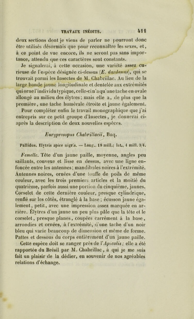 (leux sections dont je viens de parler ne y)Ourront donc être utilisés désormais que pour reconnaître les sexes, et, à ce point de vue encore, ils ne seront pas sans impor- tance, attendu que ces caractères sont constants. Je signalerai, à cette occasion, une variété assez cu- rieuse de respèce désignée ci-dessus [E. (Iardnnns)y qui se trouvait parmi les Insectes de M. Cliabriilac. Au lieu de la large bande jaune longitudinale et dentelée aux extrémités qui orne l’individu typique, celle-ci n’a qu’une tache en ovale allongé au milieu des élytres; mais elle a, de plus que la première, une tache humérale étroite et jaune également. Pour compléter enfin le travail monograpiiique que j’ai entrepris sur ce petit groupe d’însectes, je donnerai ci- après la description de deux nouvelles espèces. Euryprosopus Chahrillacii ^ Buq. Pallidus. Elytris apice nigris. — Long., 18 niill.; lat,, 4 mill. 3/4. Eemelle. Tête d’un jaune paille, moyenne, angles peu saillants, convexe et lisse en dessus, avec une ligne en- foncée entre les antennes; mandibules noires à l’extrémité. Antennes noires, ornées d’une louffe de poils de même couleur, avec les trois premiers articles et la moitié du quatrième, parfois aussi une portion du cinquième, jaunes. Corselet de cette dernière couleur, presque cylindrique, renflé sur les côtés, étranglé à la base ; écusson jaune éga- lement, petit, avec une impression assez marquée en ar- rière. Élytres d’un jaune un peu plus pâle que la tête et le corselet, presque planes, coupées carrément à la base, arrondies et ornées, à l’extrémité, d’une tache d’un noir bleu qui varie beaucoup de dimension et même de forme. Pattes et dessous du corps entièrement d’un jaune paille. Cette espèce doit se ranger près de VApicalis ; elle a été rapportée du Brésil par M. Chabrillac, à qui je me suis fait un plaisir de la dédier, en souvenir de nos agréables relations d’échange.