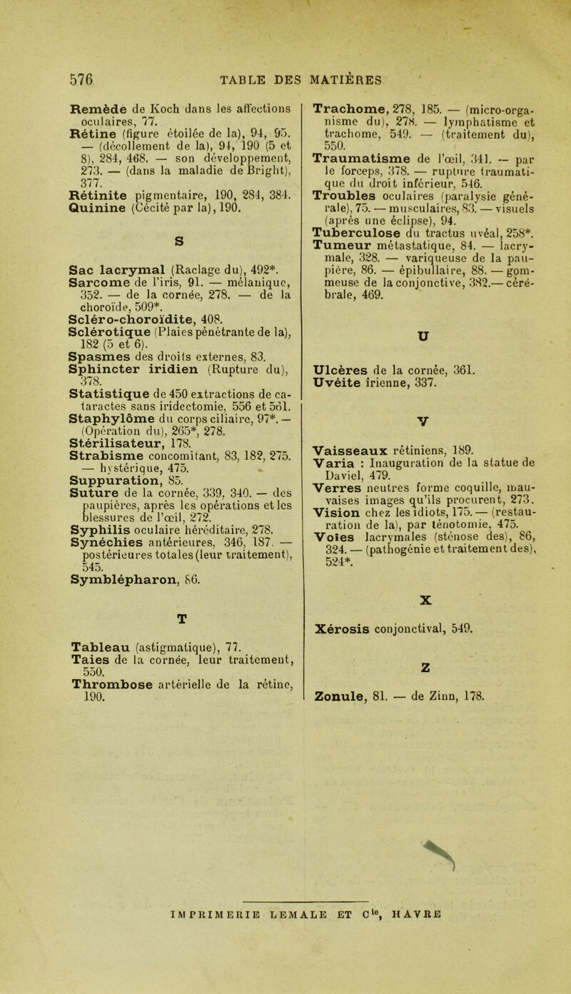 Remède de Koch dans les affections oculaires, '77. Rétine (ligure étoilée de la), 94, 95. — (décollement de la), 91, 190 (5 et 8), 284, 468. — son développement, 273. — (dans la maladie de Bright), 377. Rétinite pigmentaire, 190, 284, 384. Quinine (Cécité par la), 190. S Sac lacrymal (Raclage du), 492*. Sarcome de l’iris, 91. — mélanique, 352. — de la cornée, 278. — de la choroïde, 509*. Scléro-choroïdite, 408. Sclérotique (Plaies pénétrante de la), 182 (5 et 6). Spasmes des droits externes, 83. Sphincter iridien (Rupture du), 378. Statistique de 450 extractions de ca- taractes sans iridectomie, 556 et 561. Staphylôme du corps ciliaire, 97*.— (Opération du), 265*, 278. Stérilisateur, 178. Strabisme concomitant, 83, 182, 275. — hystérique, 475. Suppuration, 85. Suture de la cornée, 339, 340. — des paupières, après les opérations et les blessures de l’œil, 272. Syphilis oculaire héréditaire, 278. Synéchies antérieures, 346, 187. — postérieures totales (leur traitement), 545. Symblépharon, 86. T Tableau (astigmatique), 77. Taies de la cornée, leur traitement, 550. Thrombose artérielle de la rétine, 190. Trachome, 278, 185. — (micro-orga- nisme du), 278. — lymphatisme et trachome, 549. — (traitement du), 550. Traumatisme de l’œil, 341. ~ par- le forceps, 378. — rupture ti-aumati- que du droit inférieur, 546. Troubles oculaii-es (paralysie géné- i-ale), 75. — musculaires, 8.3. — visuels (après une éclipse), 94. Tuberculose du tractus uvéal,258*. Tumeur métastatique, 84. — lacry- male, .328. — variqueuse de la pau- pière, 86. — épibullaire, 88. — gom- meuse de la conjonctive, .382.— céré- brale, 469. U Ulcères de la cornée, .361. Uvéite îrienne, 337. V Vaisseaux rétiniens, 189. Varia : Inauguration de la statue de Daviel, 479. Verres neutres forme coquille, mau- vaises images qu’ils procurent, 273. Vision chez les idiots, 175.— (restau- ration de la), par ténotomie, 475. Voies lacrymales (sténose des), 86, 324. — (pathogénie et traitement des), 524*. X Xérosis conjonctival, 549. Z Zonule, 81. — de Zinn, 178. IMPllIMERIE LEMALE ET C‘®, HAVRE