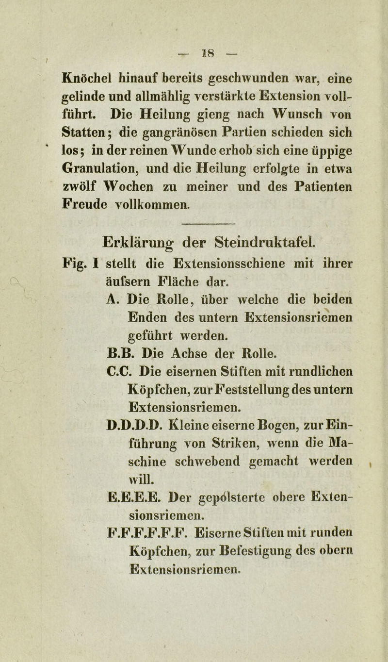 Knöchel hinauf bereits geschwunden war, eine gelinde und allmählig verstärkte Extension voll- führt. Die Heilung gieng nach Wunsch von Statten; die gangränösen Partien schieden sich los; in der reinen Wunde erhob sich eine üppige Granulation, und die Heilung erfolgte in etwa zwölf Wochen zu meiner und des Patienten Freude vollkommen. Erklärung der Steindruktafel. Fig. I stellt die Extensionsschiene mit ihrer äufsern Fläche dar. A. Die Rolle, über welche die beiden Enden des untern Extensionsriemen geführt werden. B. B. Die Achse der Rolle. C. C. Die eisernen Stiften mit rundlichen Köpfchen, zur Feststellung des untern Extensionsriemen. D. D.D.D. Kleine eiserne Bogen, zur Ein- führung von Striken, wenn die Ma- schine schwebend gemacht werden will. E. E.E.E. Der gepolsterte obere Exten- sionsriemen. F. F.F.F.F.F. Eiserne Stiften mit runden Köpfchen, zur Befestigung des obern Extensionsriemen.