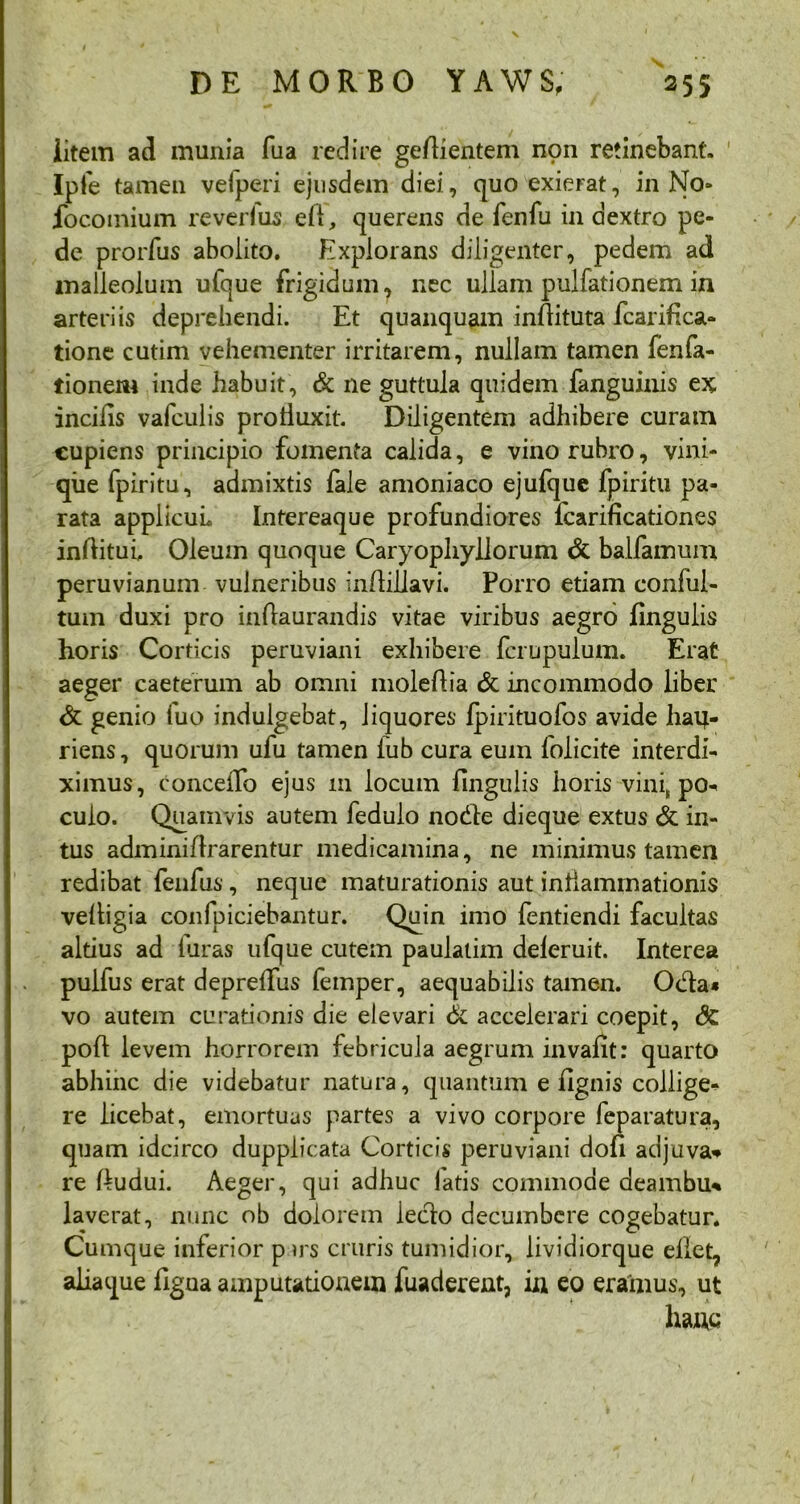 litem ad munia fua redire gefdientem non retinebant. Ipfe tamen veiperi ejusdem diei, quo exierat, in No» focotnium reverfus eff, querens de fenfu in dextro pe- de prorfus abolito. Explorans diligenter, pedem ad malleolum ufque frigidum, nec ullam pullationem in arteriis deprehendi. Et quanquam inftituta fcarifica- tione cutim vehementer irritarem, nullam tamen fenfa- tionem inde habuit. St ne guttula quidem fanguinis ex incilis vafculis prolluxit. Diligentem adhibere curam cupiens principio fomenta calida, e vino rubro, vini- que fpiritu, admixtis fale amoniaco ejufque fpiritu pa- rata applicuL Intereaque profundiores fcarificationes inflitui, Oleum quoque Caryophyllorum St balfamum peruvianum vulneribus indillavi. Porro etiam confui- tum duxi pro inftaurandis vitae viribus aegro Ungulis horis Corticis peruviani exhibere fcrupulum. Erat aeger caeterum ab omni moleflia St incommodo liber St genio fuo indulgebat, liquores fpirituofos avide haij- riens, quorum ufu tamen iub cura eum folicite interdi- ximus, conceiTo ejus 111 locum fingulis horis vinis po* culo. Quamvis autem fedulo node dieque extus St in- tus adminiflrarentur medicamina, ne minimus tamen redibat fenfus, neque maturationis aut inflammationis vefligia confpiciebantur. Quin imo fentiendi facultas altius ad furas ufque cutem paulatim deleruit. Interea pulfus erat depreffus femper, aequabilis tamen. Oda* vo autem curationis die elevari St accelerari coepit, St pofl levem horrorem febricula aegrum invafit: quarto abhinc die videbatur natura, quantum e lignis collige- re licebat, emortuas partes a vivo corpore feparatura, quam idcirco dupplicata Corticis peruviani dofi adjuva* re ffudui. Aeger, qui adhuc latis commode deambu* laverat, nunc ob doiorem ledo decumbere cogebatur. Cumque inferior p irs cruris tumidior, lividiorque eliet? aliaque figua amputationem fuaderent, in eo eramus, ut lm\Q