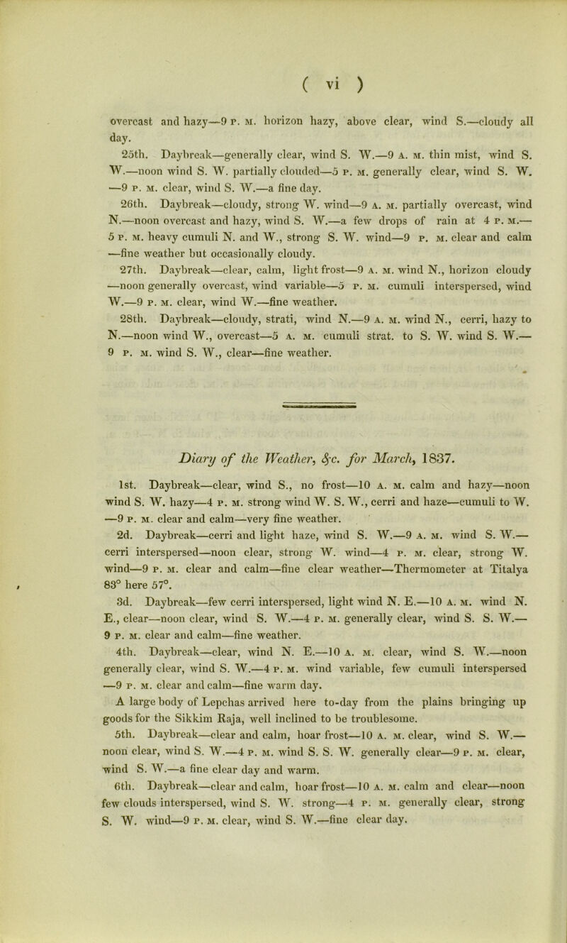overcast and hazy—9 p. m. horizon hazy, above clear, wind S.—cloudy all day. 25th. Daybreak—generally clear, wind S. W.—9 a. m. thin mist, wind S. W .—noon wind S. W. partially clouded—5 p. m. generally clear, wind S. W. —9 p. m. clear, wind S. W.—a fine day. 26th. Daybreak—cloudy, strong W. wind—9 a. m. partially overcast, wind N.—noon overcast and hazy, wind S. W.—a few drops of rain at 4 p. m.— 5 p. m. heavy cumuli N. and W., strong S. W. wind—9 p. m. clear and calm —fine weather but occasionally cloudy. 27th. Daybreak—clear, calm, light frost—9 a. m. wind N., horizon cloudy —noon generally overcast, wind variable—5 p. m. cumuli interspersed, wind W.—9 p. m. clear, wind W.—fine weather. 28th. Daybreak—cloudy, strati, wind N.—9 a. m. wind N., cerri, hazy to N.—noon wind W., overcast—5 a. m. cumuli strat. to S. W. wind S. W.— 9 p. m. wind S. W., clear—fine weather. Diary of the Weather, fyc. for March, 1837. 1st. Daybreak—clear, wind S., no frost—10 a. m. calm and hazy—noon wind S. W. hazy—4 p. m. strong wind W. S. W., cerri and haze—cumuli to W. -—9 p. m. clear and calm—very fine weather. 2d. Daybreak—cerri and light haze, wind S. W.—9 a. m. wind S. W.— cerri interspersed—noon clear, strong- W. wind—4 p. m. clear, strong W. wind—9 p. m. clear and calm—fine clear weather—Thermometer at Titalya 83° here 57°. 3d. Daybreak—few cerri interspersed, light wind N. E.—10 a. m. wind N. E., clear—noon clear, wind S. W.—4 p. m. generally clear, wind S. S. W.— 9 p. m. clear and calm—fine weather. 4th. Daybreak—clear, wind N. E.—10 a. m. clear, wind S. W.—noon generally clear, wind S. W.—4 p. m. wind variable, few cumuli interspersed —9 p. m. clear and calm—fine warm day. A large body of Lepchas arrived here to-day from the plains bringing up goods for the Sikkim Raja, well inclined to be troublesome. 5th. Daybreak—clear and calm, hoar frost—10 a. m. clear, wind S. W.— noon clear, wind S. W.—4 p. m. wind S. S. W. generally clear—9 p. m. clear, wind S. W.—a fine clear day and warm. 6th. Daybreak—clear and calm, hoarfrost—10 a. m. calm and clear—noon few clouds interspersed, wind S. W. strong—4 p. m. generally clear, strong S. W. wind—9 p. m. clear, wind S. W.—fine clear day.
