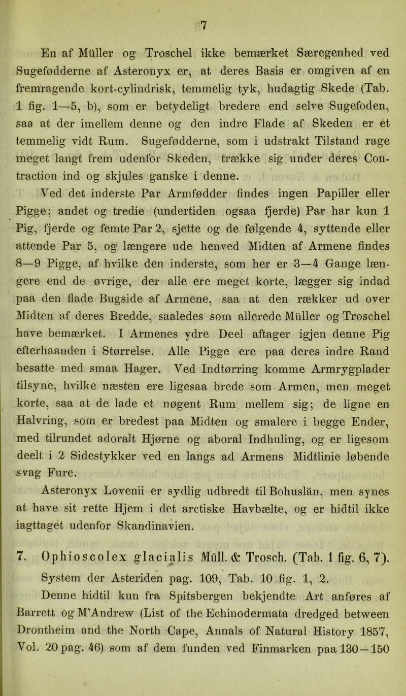 En af Muller og Troschel ikke bemærket Særegenhed ved Sugefødderne af Asteronyx er, at deres Basis er omgiven af en fremragende kort-cylindrisk, temmelig tyk, hudagtig Skede (Tab. 1 fig. 1—5, b), som er betydeligt bredere end selve Sugefoden, saa at der imellem denne og den indre Flade af Skeden er et temmelig vidt Rum. Sugefødderne, som i udstrakt Tilstand rage meget langt frem udenfor Skeden, trække sig under deres Con- traction ind og skjules ganske i denne. Ved det inderste Par Armfødder findes ingen Papiller eller Pigge; andet og tredie (undertiden ogsaa fjerde) Par har kun 1 Pig, fjerde og femte Par 2, sjette og de følgende 4, syttende eller attende Par 5, og længere ude henved Midten af Armene findes 8—9 Pigge, af hvilke den inderste, som her er 3—4 Gange læn- gere end de øvrige, der alle ere meget korte, lægger sig indad paa den flade Bugside af Armene, saa at den rækker ud over Midten af deres Bredde, saaledes som allerede Muller og Troschel have bemærket. I Armenes ydre Deel aftager igjen denne Pig efterhaanden i Størrelse. Alle Pigge ere paa deres indre Rand besatte med smaa Hager. Ved Indtørring komme Armrygplader tilsyne, hvilke næsten ere ligesaa brede som Armen, men meget korte, saa at de lade et nøgent Rum mellem sig; de ligne en Halvring, som er bredest paa Midten og smalere i begge Ender, med tilrundet adoralt Hjørne og aboral Indhuling, og er ligesom deelt i 2 Sidestykker ved en langs ad Armens Midtlinie løbende svag Fure. Asteronyx Lovenii er sydlig udbredt tilBohuslan, men synes at have sit rette Hjem i det aretiske Havbælte, og er hidtil ikke iagttaget udenfor Skandinavien. 7. Ophioscolex glacial i s Miill. & Trosch. (Tab. 1 fig. 6,7). System der Asteriden pag. 109, Tab. 10 fig. 1, 2. Denne hidtil kun fra Spitsbergen bekjendte Art anføres af Barrett og M’Andrew (List of the Echinodermata dredged between Drontheim and the North Cape, Annals of Natural History 1857, Vol. 20 pag. 46) som af dem funden ved Finmarken paa 130 —150