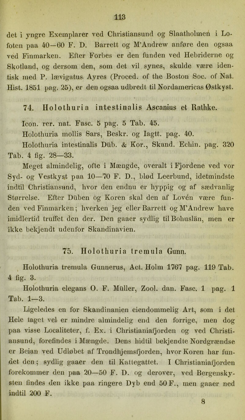 det i yngre Exemplarer ved Christiansund og Slaatholmen i Lo- foten paa 40—60 F. D. Barrett og M’Andrew anføre den ogsaa ved Finmarken. Efter Forbes er den funden ved Hebriderne og- Skotland, og dersom den, som det vil synes, skulde være iden- tisk med P. lævigatus. Ayres (Proced. of the Boston Soc. of Nat. Hist. 1851 pag. 25), er den ogsaa udbredt til Nordamericas Østkyst. 74. Holotliuria intestinalis Ascanius et Rallike. Icon. rer. nat. Fase. 5 pag. 5 Tab. 45. Holotliuria mollis Sars, Beskr. og lagtt. pag. 40. Holotliuria intestinalis Dtib. & Kor., Skand. Ecliin. pag. 320 Tab. 4 fig. 28—33. Meget almindelig, ofte i Mængde, overalt i Fjordene ved vor Syd- og Vestkyst paa 10—70 F. D., blød Leerbund, idetmindste indtil Christiansund, hvor den endnu er hyppig og af sædvanlig Størrelse. Efter Dtiben og Koren skal den af Lovén være fun- den ved Finmarken; hverken jeg eller Barrett og M’Andrew have imidlertid truffet den der. Den gaaer sydlig til Bohuslån, men er ikke bekjendt udenfor Skandinavien. 75. Holothuria tremula Gunn. Holothuria tremula Gunnerus, Act. Holm 1767 pag. 119 Tab. 4 fig. 3. Holothuria elegans O. F. Muller, Zool. dan. Fase. 1 pag. 1 Tab. 1—3. Ligeledes en for Skandinanien eiendommelig Art, som i det Hele taget vel er mindre almindelig end den forrige, men dog paa visse Localiteter, f. Ex. i Christianiafjorden og ved Christi- ansund, forefindes i Mængde. Dens hidtil bekjendte Nordgrændse er Beian ved Udløbet af Trondhjemsfjorden, hvor Koren har fun- det den; sydlig gaaer den til Kattegattet. I Christianiafj orden forekommer den paa 20—50 F. D. og derover, ved Bergensky- sten findes den ikke paa ringere Dyb end 50 F., men gaaer ned indtil 200 F. 8