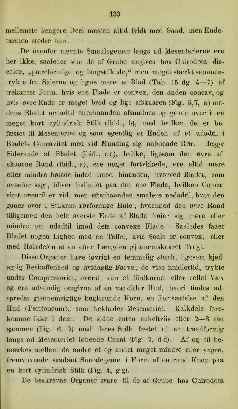 mellemste længere Deel næsten altid fyldt med Sand, men Ende- tarmen stedse tom. De ovenfor nævnte Smaalegemer langs ad Mesenterierne ere her ikke, saaledes som de af Grube angives hos Chirodota dis- color, „pæreformige og langstilkede,men meget stærkt sammen- tiykte fra Siderne og ligne mere et Blad (Tab. 15 tig. 4—7) af trekantet Form, hvis ene Flade er convex, den anden concav, og hvis øvre Ende er meget bred og lige afskaaren (Fig. 5,7, a) me- dens Bladet nedadtil efterhaanden afsmalnes og gaaer over i en meget kort cylindrisk Stilk (ibid., b), med hvilken det er be- fæstet til Mesenteriet og som egentlig er Enden af et udadtil i Bladets Concavitet med vid Munding sig aabnende Rør. Begge Siderande af Bladet (ibid., c c), hvilke, ligesom den øvre af- skaarne Rand (ibid., a), ere noget fortykkede, ere altid mere eller mindre bøiede indad imod hinanden, hvorved Bladet, som ovenfor sagt, bliver indhulet paa den ene Flade, hvilken Conca- vitet oventil er vid, men efterhaanden smalere nedadtil, hvor den gaaer over i Stilkens rørformige Hule ; hvorimod den øvre Rand tilligemed den hele øverste Ende af Bladet bøier sig mere eller mindre om udadtil imod dets convexe Flade. Saaledes faaer Bladet nogen Lighed med en Tøffel, hvis Saale er convex, eller med Halvdelen af en efter Længden gjennemskaaret Tragt. Disse Organer have iøvrigt en temmelig stærk, ligesom kjød- agtig Beskaftenhed og hvidagtig Farve; de vise imidlertid, trykte under Compressoriet, overalt kun et fiintkornet eller cellet Væv og ere udvendig omgivne af en vandklar Hud, hvori findes ad- spredte gjennemsigtige kuglerunde Korn, en Fortsættelse af den Hud (Peritoneum), som beklæder Mesenteriet. Kalkdele fore- komme ikke i dem. De sidde enten enkeltviis eller 2—3 tæt gammen (Fig. 6, 7) med deres Stilk fæstet til en traadformig langs ad Mesenteiået løbende Canal (Fig. 7, d d). Af og til be- mærkes mellem de andre et og andet meget mindre eller yngre, fremvoxende saadant Smaalegeme i Form af en rund Knop paa en kort cylindrisk Stilk (Fig. 4, g g). De beskrevne Organer svare til de af Grube hos Chirodota