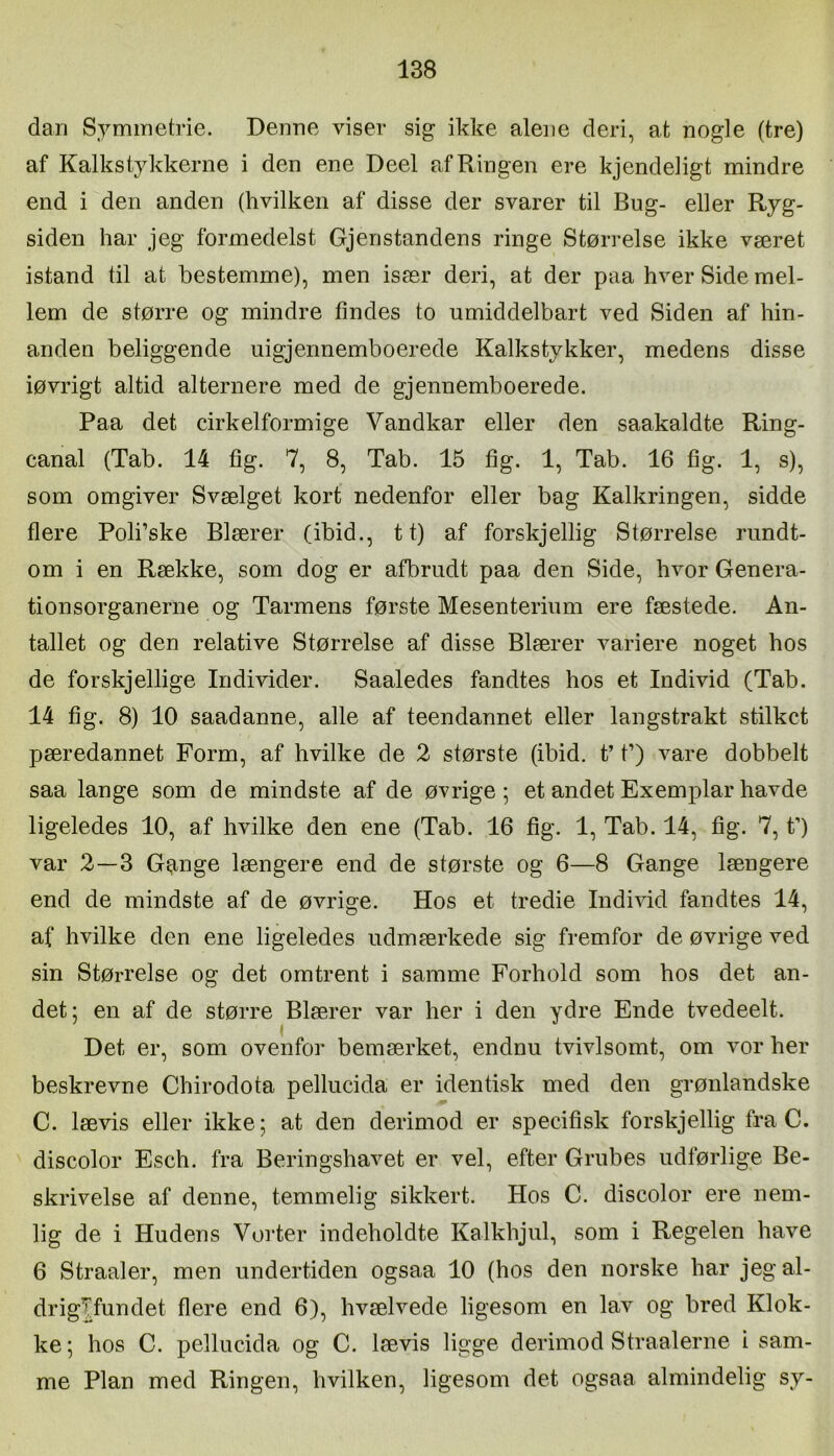 dan Symmeti'ie. Denne viser sig ikke alene deri, at nogle (tre) af Kalkstykkerne i den ene Deel af Ringen ere kjendeligt mindre end i den anden (hvilken af disse der svarer til Bug- eller Ryg- siden har jeg formedelst Gjenstandens ringe Størrelse ikke været istand til at bestemme), men især deri, at der paa hver Side mel- lem de større og mindre findes to umiddelbart ved Siden af hin- anden beliggende uigjennemboerede Kalkstykker, medens disse iøvrigt altid alternere med de gjennemboerede. Paa det cirkelformige Vandkar eller den saakaldte Ring- canal (Tab. 14 fig. 7, 8, Tab. 15 fig. 1, Tab. 16 fig. 1, s), som omgiver Svælget kort nedenfor eller bag Kalkringen, sidde flere Poli’ske Blærer (ibid., 11) af forskjellig Størrelse rundt- om i en Række, som dog er afbrudt paa den Side, hvor Genera- tionsorganerne og Tarmens første Mesenterium ere fæstede. An- tallet og den relative Størrelse af disse Blærer variere noget hos de forskjellige Individer. Saaledes fandtes hos et Individ (Tab. 14 fig. 8) 10 saadanne, alle af teendannet eller langstrakt stilket pæredannet Form, af hvilke de 2 største (ibid. t’ f) vare dobbelt saa lange som de mindste af de øvrige ; et andet Exemplar havde ligeledes 10, af hvilke den ene (Tab. 16 fig. 1, Tab. 14, fig. 7, t’) var 2—3 G^nge længere end de største og 6—8 Gange længere end de mindste af de øvrige. Hos et tredie Indi^dd fandtes 14, af hvilke den ene ligeledes udmærkede sig fremfor de øvrige ved sin Størrelse og det omtrent i samme Forhold som hos det an- det; en af de større Blærer var her i den ydre Ende tvedeelt. / Det er, som ovenfor bemærket, endnu tvivlsomt, om vor her beskrevne Chirodota pellucida er identisk med den grønlandske C. lævis eller ikke; at den derimod er specifisk forskjellig fra C. discolor Esch. fra Beringshavet er vel, efter Grubes udførlige Be- skrivelse af denne, temmelig sikkert. Hos C. discolor ere nem- lig de i Hudens Vorter indeholdte Kalkhjul, som i Regelen have 6 Straaler, men undertiden ogsaa 10 (hos den norske har jegal- drig|fundet flere end 6), hvælvede ligesom en lav og bred Klok- ke; hos C. pellucida og C. lævis ligge derimod Straalerne i sam- me Plan med Ringen, hvilken, ligesom det ogsaa almindelig sy-