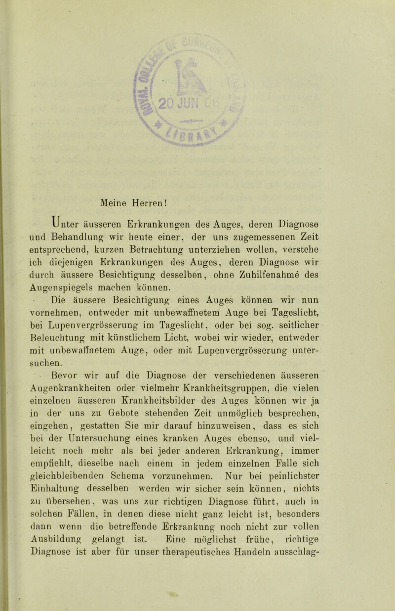 Meine Herren! Unter äusseren Erkrankungen des Auges, deren Diagnose und Behandlung wir heute einer, der uns zugemessenen Zeit entsprechend, kurzen Betrachtung unterziehen wollen, verstehe ich diejenigen Erkrankungen des Auges, deren Diagnose wir durch äussere Besichtigung desselben, ohne Zuhilfenahme des Augenspiegels machen können. Die äussere Besichtigung eines Auges können wir nun vornehmen, entweder mit unbewaffnetem Auge bei Tageslicht, bei Lupenvergrösserung im Tageslicht, oder bei sog. seitlicher Beleuchtung mit künstlichem Licht, wobei wir wieder, entweder mit unbewaffnetem Auge, oder mit Lupenvergrösserung unter- suchen. Bevor wir auf die Diagnose der verschiedenen äusseren Augenkrankheiten oder vielmehr Krankheitsgruppen, die vielen einzelnen äusseren Krankheitsbilder des Auges können wir ja in der uns zu Gebote stehenden Zeit unmöglich besprechen, eingehen, gestatten Sie mir darauf hinzuweisen, dass es sich bei der Untersuchung eines kranken Auges ebenso, und viel- leicht noch mehr als bei jeder anderen Erkrankung, immer empfiehlt, dieselbe nach einem in jedem einzelnen Falle sich gleichbleibenden Schema vorzunehmen. Nur bei peinlichster Einhaltung desselben werden wir sicher sein können, nichts zu übersehen, was uns zur richtigen Diagnose führt, auch in solchen Fällen, in denen diese nicht ganz leicht ist, besonders dann wenn die betreffende Erkrankung noch nicht zur vollen Ausbildung gelangt ist. Eine möglichst frühe, richtige Diagnose ist aber für unser therapeutisches Handeln ausschlag-