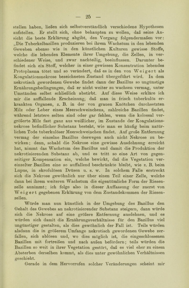 stellen haben, ließen sich selbstverständlich verschiedene Hypothesen aufstellen. Er stellt sich, ohne behaupten zu wollen, daß seine An- sicht die beste Erklärung abgibt, den Vorgang folgendermaßen vor: ,.Die Tuberkelbazillen produzieren bei ihrem Wachstum in den lebenden Geweben ebenso wie in den künstlichen Kulturen gewisse Stoffe, welche die lebenden Elemente ihrer Umgebung, die Zellen, in ver- schiedener Weise, und zwar nachteilig, beeinflussen. Darunter be- findet sich ein Stoff, welcher in einer gewissen Konzentration lebendes Protoplasma tötet und so verändert, daß es in den von Weigert als Koagulationsnekrose bezeichneten Zustand übergeführt wird. In dem nekrotisch gewordenen Gewebe findet dann der Bazillus so ungünstige Ernährungsbedingungen, daß er nicht weiter zu wachsen vermag, unter Umständen selbst schließlich abstirbt. Auf diese Weise erkläre ich mir die auffallende Erscheinung, daß man in frisch tuberkulös er- krankten Organen, z. B. in der von grauen Knötchen durchsetzten Milz oder Leber eines Meerschweinchens, zahlreiche Bazillen findet, während letztere selten sind oder gar fehlen, wenn die kolossal ver- größerte Milz fast ganz aus weißlicher, im Zustande der Koagulations- nekrose befindlicher Substanz besteht, wie man es häufig beim natür- lichen Tode tuberkulöser Meerschweinchen findet. Auf große Entfernung vermag der einzelne Bazillus deswegen auch nicht Nekrose zu be- wirken; denn, sobald die Nekrose eine gewisse Ausdehnung erreicht hat, nimmt das Wachstum des Bacillus und damit die Produktion der nekrotisierenden Substanz ab, und es tritt so eine Art von gegen- seitiger Kompensation ein, welche bewirkt, daß die Vegetation ver- einzelter Bazillen eine so auffallend beschränkte bleibt, wie z. B. beim Lupus, in skrofulösen Drüsen u. s. w. In solchem Falle erstreckt sich die Nekrose gewöhnlich nur über einen Teil einer Zelle, welche dann bei ihrem weiteren Wachstum die eigentümliche Form der Riesen- zelle annimmt; ich folge also in dieser Auffassung der zuerst von Weigert gegebenen Erklärung von dem Zustandekommen der Riesen- zellen. Würde man nun künstlich in der Umgebung des Bazillus den Gehalt des Gewebes an nekrotisierender Substanz steigern, dann würde sich die Nekrose auf eine größere Entfernung ausdehnen, und es würden sich damit die Ernährungsverhältnisse für den Bazillus viel ungünstiger gestalten, als dies gewöhnlich der Fall ist. Teils würden alsdann die in größerem Umfange nekrotisch gewordenen Gewebe zer- fallen, sich ablösen und, wo dies möglich ist, die eingeschlossenen Bazillen mit fortreißen und nach außen befördern; teils würden die Bazillen so weit in ihrer Vegetation gestört, daß es viel eher zu einem Absterben derselben kommt, als dies unter gewöhnlichen Verhältnissen geschieht. Gerade in dem Hervorrufen solcher Veränderungen scheint mir