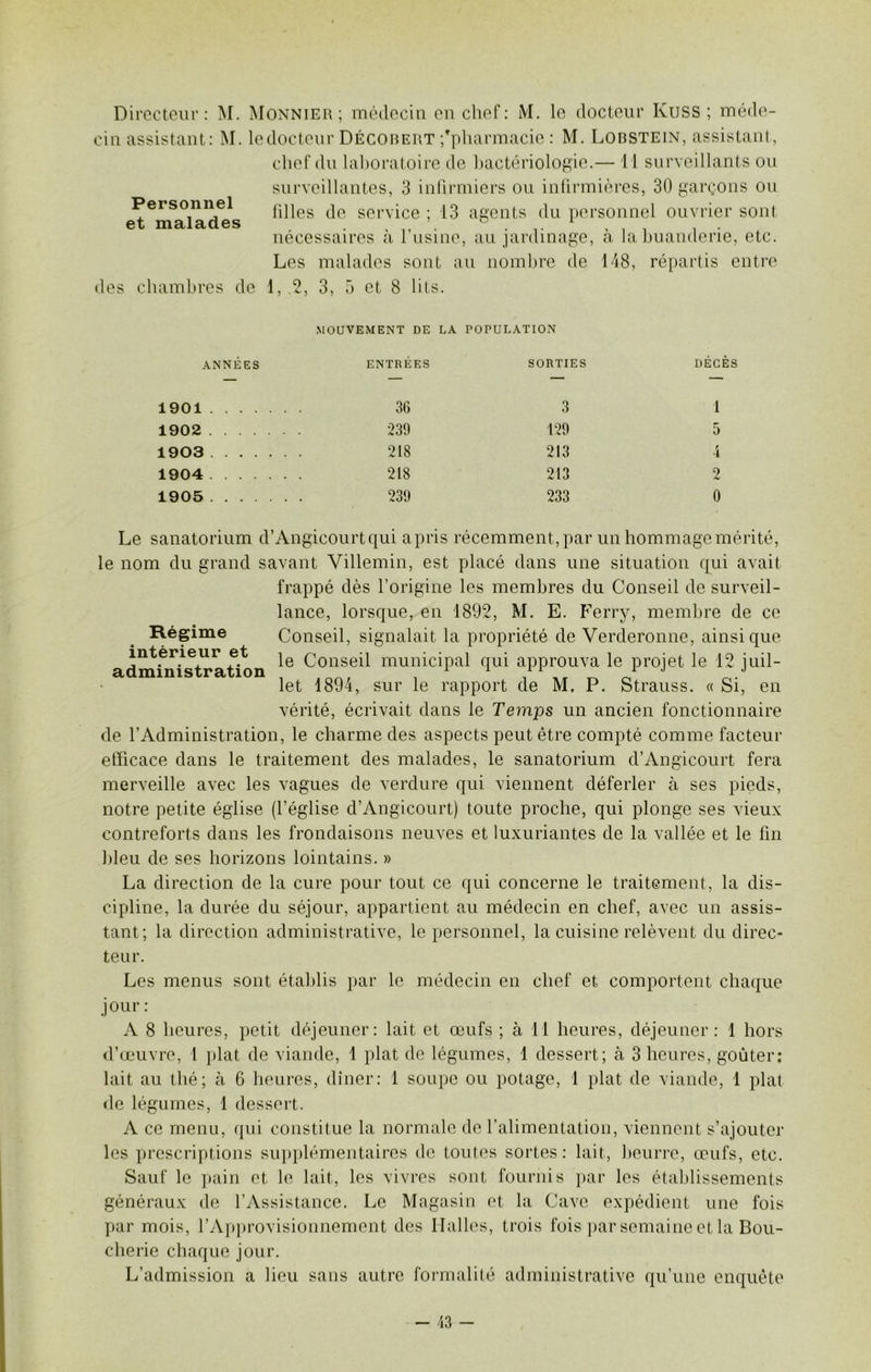 Directeur: M. Monnier; médecin en chef: M. le docteur Kuss ; méde- cin assistant: M. le docteur Décobert -/pharmacie : M. Lorstein, assistant, chef du laboratoire de bactériologie.— 11 surveillants ou surveillantes, 3 infirmiers ou infirmières, 30 garçons ou filles de service ; 13 agents du personnel ouvrier sont nécessaires à l’usine, au jardinage, à la buanderie, etc. Les malades sont au nombre de 148, répartis entre des chambres de 1, .2, 3, 5 et 8 lits. Personnel et malades MOUVEMENT DE LA POPULATION ANNEES ENTREES SORTIES DECES 1901 36 3 1 1902 239 129 5 1903 218 213 4 1904 218 213 2 1905 239 233 0 Régime intérieur et administration Le sanatorium d’Angicourtqui apris récemment, par un hommage mérité, le nom du grand savant Villemin, est placé dans une situation qui avait frappé dès l’origine les membres du Conseil de surveil- lance, lorsque, en 1892, M. E. Ferry, membre de ce Conseil, signalait la propriété de Verderonne, ainsique le Conseil municipal qui approuva le projet le 12 juil- let 1894, sur le rapport de M. P. Strauss. « Si, en vérité, écrivait dans le Temps un ancien fonctionnaire de l’Administration, le charme des aspects peut être compté comme facteur efficace dans le traitement des malades, le sanatorium d’Angicourt fera merveille avec les vagues de verdure qui viennent déferler à ses pieds, notre petite église (l’église d’Angicourt) toute proche, qui plonge ses vieux contreforts dans les frondaisons neuves et luxuriantes de la vallée et le fin bleu de ses horizons lointains. » La direction de la cure pour tout ce qui concerne le traitement, la dis- cipline, la durée du séjour, appartient au médecin en chef, avec un assis- tant; la direction administrative, le personnel, la cuisine relèvent du direc- teur. Les menus sont établis par le médecin en chef et comportent chaque jour: A 8 heures, petit déjeuner: lait et œufs ; à 11 heures, déjeuner: 1 hors d’œuvre, 1 plat de viande, 1 plat de légumes, 1 dessert; à 3 heures, goûter: lait au thé; à 6 heures, dîner: 1 soupe ou potage, 1 plat de viande, 1 plat de légumes, 1 dessert. A ce menu, qui constitue la normale de l’alimentation, viennent s’ajouter les prescriptions supplémentaires de toutes sortes: lait, beurre, œufs, etc. Sauf le pain et le lait, les vivres sont fournis par les établissements généraux de l’Assistance. Le Magasin et la Cave expédient une fois par mois, l’Approvisionnement des Malles, trois fois par semaine et la Bou- cherie chaque jour. L’admission a lieu sans autre formalité administrative qu’une enquête