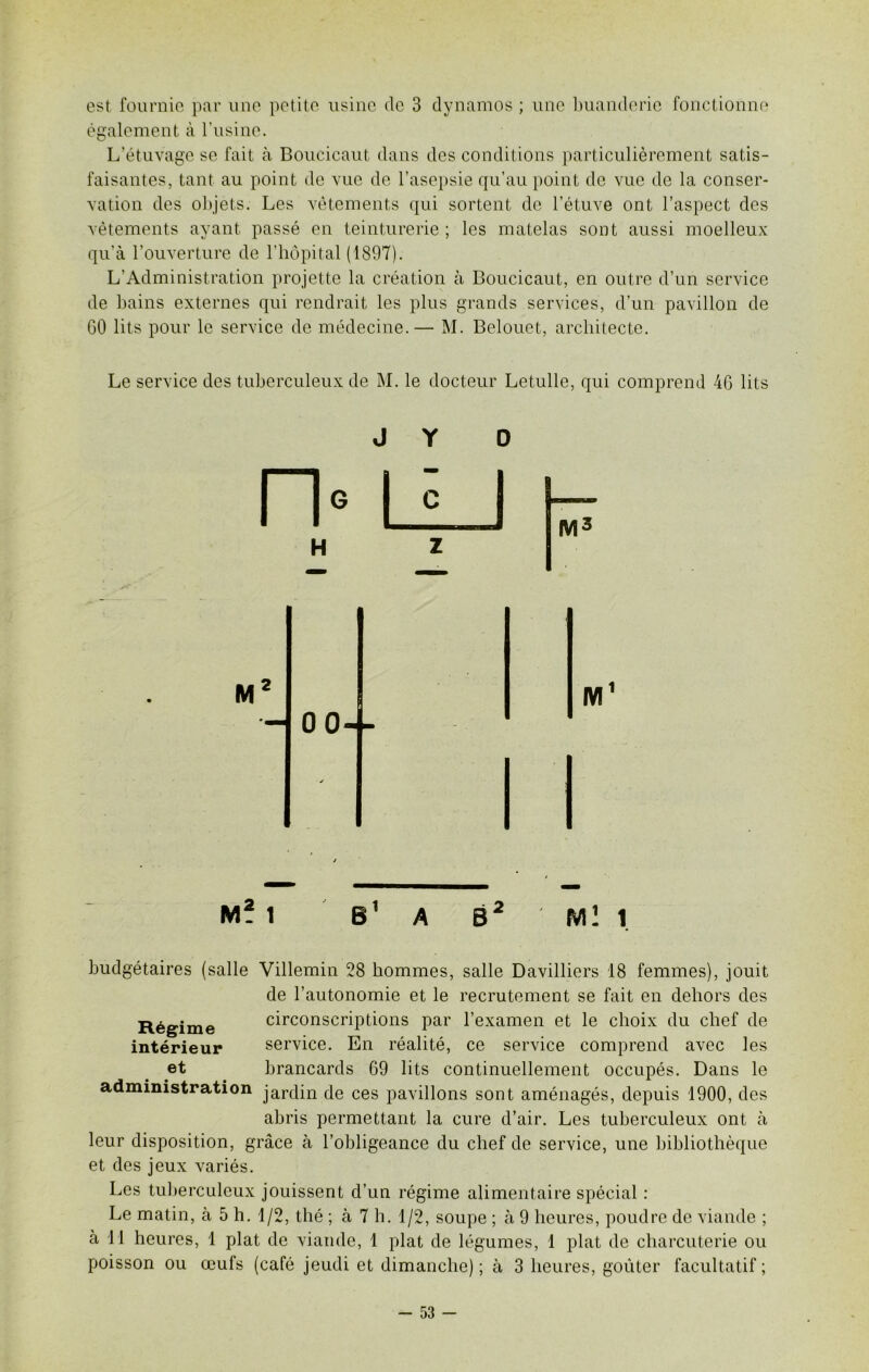 est fournie par une petite usine de 3 dynamos ; une buanderie fonctionne également à l’usine. L’étuvage se fait à Boucicaut dans des conditions particulièrement satis- faisantes, tant au point de vue de l’asepsie qu’au point de vue de la conser- vation des objets. Les vêtements qui sortent de l’étuve ont l’aspect des vêtements ayant passé en teinturerie ; les matelas sont aussi moelleux qu’à l’ouverture de l’hôpital (1897). L’Administration projette la création à Boucicaut, en outre d’un service de bains externes qui rendrait les plus grands services, d’un pavillon de GO lits pour le service de médecine.— M. Belouet, architecte. Le service des tuberculeux de M. le docteur Letulle, qui comprend 4G lits n J Y G I C H J M3 M 0 0- ■ y M1 M? 1 A B Ml 1 Régime intérieur et administration budgétaires (salle Villemin 28 hommes, salle Davilliers 18 femmes), jouit de l’autonomie et le recrutement se fait en dehors des circonscriptions par l’examen et le choix du chef de service. En réalité, ce service comprend avec les brancards 69 lits continuellement occupés. Dans le jardin de ces pavillons sont aménagés, depuis 1900, des abris permettant la cure d’air. Les tuberculeux ont à leur disposition, grâce à l’obligeance du chef de service, une bibliothèque et des jeux variés. Les tuberculeux jouissent d’un régime alimentaire spécial : Le matin, à 5 h. 1/2, thé ; à 7 h. 1/2, soupe ; à 9 heures, poudre de viande ; à 11 heures, 1 plat de viande, 1 plat de légumes, 1 plat de charcuterie ou poisson ou œufs (café jeudi et dimanche) ; à 3 heures, goûter facultatif ;