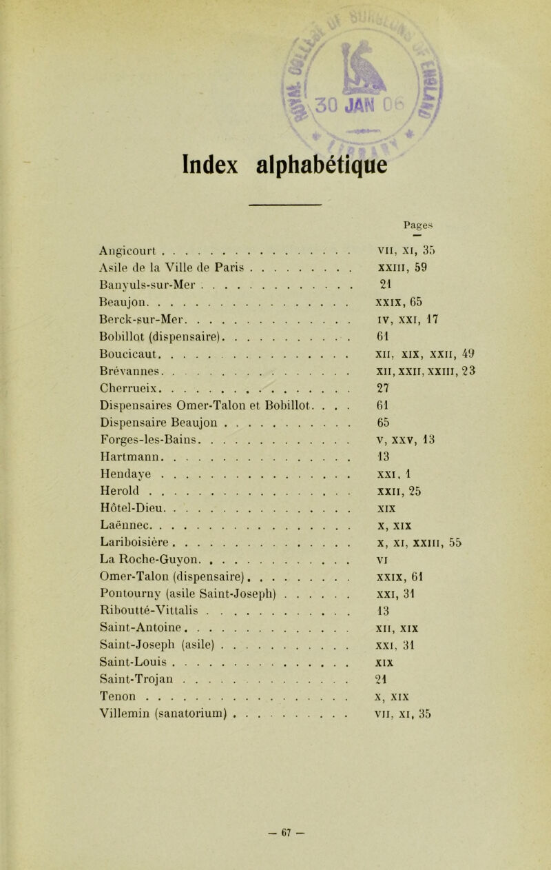 Index alphabétique Angicourt vu, xi, 35 Asile de la Ville de Paris xxm, 59 Banyuls-sur-Mer 21 Beaujon xxix, 65 Berck-sur-Mer iv, xxi, 17 Bobillot (dispensaire) 61 Boucicaut xn, xix, xxii, 49 Brévannes xn, xxii, xxm, 23 Cherrueix 27 Dispensaires Omer-Talon et Bobillot 61 Dispensaire Beaujon 65 Forges-les-Bains v, xxv, 13 Hartmann 13 Hendaye xxi, 1 Herold xxii, 25 Hôtel-Dieu xix Laënnec x, xix Lariboisière x, xi, xxm, 55 La Roche-Guyon vi Omer-Talon (dispensaire) xxix, 61 Pontourny (asile Saint-Joseph) xxi, 31 Riboutté-Vittalis 13 Saint-Antoine xii, xix Saint-Joseph (asile) xxi, 31 Saint-Louis xix Saint-Trojan 21 Tenon x, xix Villemin (sanatorium) vu, xi, 35