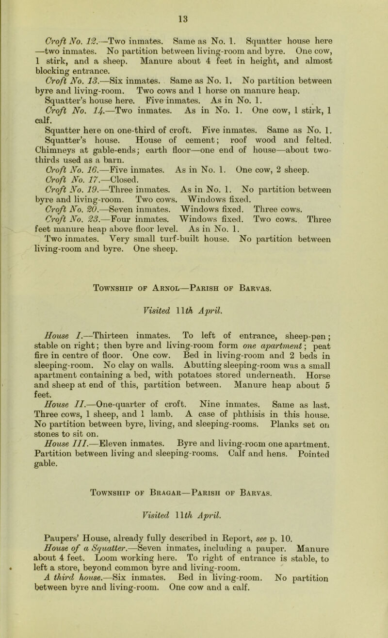 Croft No. 12.—Two inmates. Same as No. 1. Squatter house here —two inmates. No partition between living-room and byre. One cow, 1 stirk, and a sheep. Manure about 4 feet in height, and almost blocking entrance. Croft No. 13.—Six inmates. Same as No. 1, No partition between byre and living-room. Two cows and 1 horse on manure heap. Squatter’s house here. Five inmates. As in No. 1. Croft No. 14.—Two inmates. As in No. 1. One cow, 1 stirk, 1 calf. Squatter here on one-third of croft. Five inmates. Same as No. 1. Squatter’s house. House of cement; roof wood and felted. Chimneys at gable-ends; earth floor—one end of house—about two- thirds used as a barn. Croft No. 16.—Five inmates. As in No. 1. One cow, 2 sheep. Croft No. 17.—Closed. Croft No. 19.—Three inmates. As in No. 1. No partition between byre and living-room. Two cows. Windows fixed. Croft No. 20.—Seven inmates. Windows fixed. Three cows. Croft No. 23.—Four inmates. Windows fixed. Two cows.. Three feet manure heap above floor level. As in No. 1. Two inmates. Very small turf-built house. No partition between living-room and byre. One sheep. Township of Arnol—Parish of Barvas. Visited 11 th April. House I.—Thirteen inmates. To left of entrance, sheep-pen; stable on right; then byre and living-room form one apartment; peat fire in centre of floor. One cow. Bed in living-room and 2 beds in sleeping-room. No clay on wa,lls. Abutting sleeping-room was a small apartment containing a bed, with potatoes stored underneath. Horse and sheep at end of this, partition between. Manure heap about 5 feet. House II.—One-quarter of croft. Nine inmates. Same as last. Three cows, 1 sheep, and 1 lamb. A case of phthisis in this house. No partition between byre, living, and sleeping-rooms. Planks set on stones to sit on. House III.—Eleven inmates. Byre and living-room one apartment. Partition between living and sleeping-rooms. Calf and hens. Pointed gable. Township of Bragar—Parish of Barvas. Visited 1 \th April. Paupers’ House, already fully described in Report, see p. 10. House of a Squatter.—Seven inmates, including a pauper. Manure about 4 feet. Loom working here. To right of entrance is stable, to left a store, beyond common byre and living-room. A third house.—Six inmates. Bed in living-room. No partition between byre and living-room. One cow and a calf.