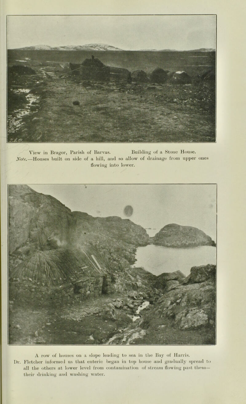 View in Bragor, Parish of Barvas. Building of a Stone House. Note.—Houses built on side of a hill, and so allow of drainage from upper ones flowing into lower. A row of houses on a slope leading to sea in the Bay of Harris. Dr. Fletcher informed us that enteric began in top house and gradually spread to all the others at lower level from contamination of stream flowing past them— their drinking and washing water.