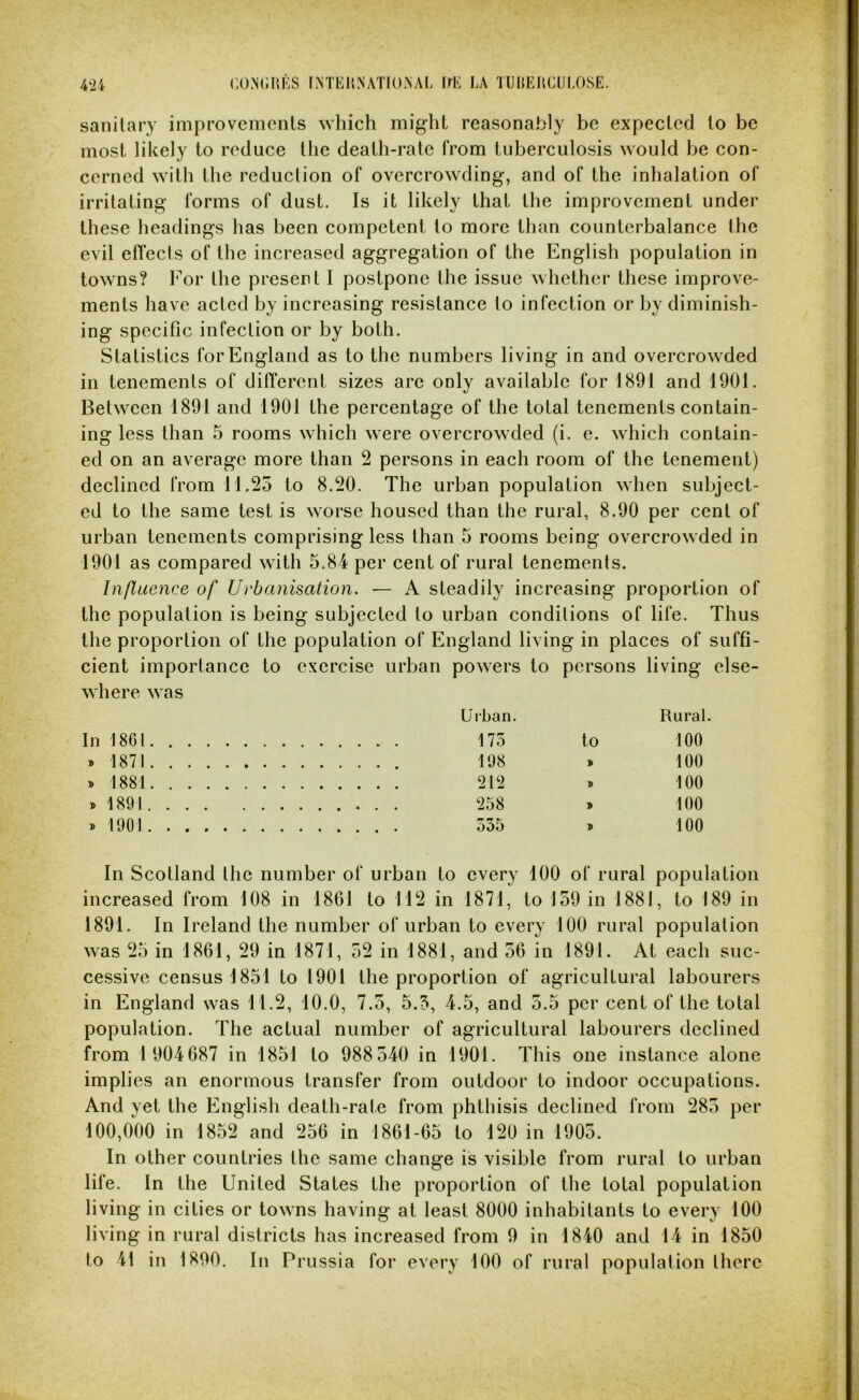 sanitary improvements which might reasonably be expected to be most likely to reduce the death-rate from tuberculosis would be con- cerned with the reduction of overcrowding, and of the inhalation of irritating forms of dust. Is it likely that the improvement under these headings has been competent to more than counterbalance the evil effecls of the increased aggregation of the English population in towns? For the present I postpone the issue whether these improve- ments have acted by increasing resistance to infection or by diminish- ing specific infection or by both. Statistics for England as to the numbers living in and overcrowded in tenements of different sizes arc only available for 1891 and 1901. Between 1891 and 1901 the percentage of the total tenements contain- ing less than 5 rooms which were overcrowded (i. e. which contain- ed on an average more than 2 persons in each room of the tenement) declined from 11,25 to 8.20. The urban population when subject- ed to the same test is worse housed than the rural, 8.90 per cent of urban tenements comprising less than 5 rooms being overcrowded in 1901 as compared with 5.84 per cent of rural tenements. Influence of Urbanisation. — A steadily increasing proportion of the population is being subjected to urban conditions of life. Thus the proportion of the population of England living in places of suffi- cient importance to exercise urban powers to persons living else- where was Urban. Rural. In 1861 175 to 100 . 1871 198 . 100 . 1881 212 . 100 . 1891 258 » 100 . 1901 535 . 100 In Scotland the number of urban to every 100 of rural population increased from 108 in 1861 to 112 in 1871, to 159 in 1881, to 189 in 1891. In Ireland the number of urban to every 100 rural population was 25 in 1861, 29 in 1871, 52 in 1881, and 56 in 1891. At each suc- cessive census 1851 to 1901 the proportion of agricultural labourers in England was 11.2, 10.0, 7.5, 5.5, 4.5, and 5.5 per cent of the total population. The actual number of agricultural labourers declined from 1 904687 in 1851 to 988540 in 1901. This one instance alone implies an enormous transfer from outdoor to indoor occupations. And yet the English death-rale from phthisis declined from 285 per 100,000 in 1852 and 256 in 1861-65 to 120 in 1905. In other countries the same change is visible from rural to urban life. In the United States the proportion of the total population living in cities or towns having at least 8000 inhabitants to every 100 living in rural districts has increased from 9 in 1840 and 14 in 1850 to 41 in 1890. In Prussia for every 100 of rural population there