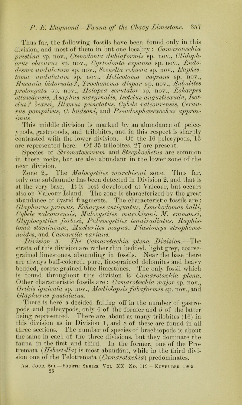 Tims far, the following' fossils have been found only in this division, and most of them in but one locality : Gamarotmchia pristiua sp. nov., CtenodonUi didruiforoiis sp. nov., (Jl'idop]>- orus obscorus sp. nov., Cyrtodonta cxpanm sp. nov., End.o- desma undid at urn. sjn nov., Scenelia rohusUt sp. nov., Rapliis- tonid unduhituni sp. nov., llelicotoma miyrans S)). nov., Bucania bidorsataf^ Trochonema diy)ar s}>. nov., Subulites p)i'ohmyata sp. nov., llolopea scrutator sp. nov., Eoharpes ottaicaensis^ Asaphus margined is^ hotel us angusticevuda^ Isot- elus ? bearsi^ lllamus punctatus^ Cybele 'valcourensis^ Cerwu- rus poinpilius^ C. hudsoni^ and Pseudosplicerexoch us approx- im us. This middle division is marked by an abundance of pelec- ypods, gastropods, and trilobites, and in this respect is sharply contrasted with the lower division. Of the 16 pelecypods, 13 are represented here. Of 35 trilobites. 27 are present. Species of Stroinatocerium and Strephochetus are common in these rocks, but are also abundant in the lower zone of the next division. Zone 2„. The Malocystites murchisoni zone. Tims far, only one subfaunule has been detected in Division 2, and that is at the very base. It is best developed at Yalcoiir, but occurs also on Yalconr Island. The zone is characterized by the great abundance of cystid fragments. The characteristic fossils are : (jlaphurus prhmis^ Eoharpes antiqtiatiis^ Lonchodomas halli.^ Cybele valcourensis., Malocystites murchisoni^ Af. emmonsi^ Glyptocystites forbesi^ Palaeocystites tenuiradiatus^ Raphis- toina stamineum, ALaclurites magna., Ploesiomys strophome- noides^ and Camarella varians. Division 3. The Camccrotcechia plena Division.—The strata of this division are rather thin bedded, light grey, coarse- grained limestones, al)Ounding in fossils. Near the base thei*e are always butf-colored, pure, fine-grained dolomites and heavy bedded, coarse-grained blue limestones. The only fossil which is found throughout this division is Camarotmehia plena. Otlier characteristic fossils are: Camarotmehia major sp. nov., Orthis ignicida sp. nov., ALodiolopsis fabaformis sp. nov., and Glaphurus jmstulatus. There is here a decided fallino- off in the number of ^astro- pods and pelecypods, only 6 of tlie former and 5 of the latter being represented. There are about as many trilobites (16) in this division as in Division 1, and 8 of these are found in all three sections. The number of species of brachiopods is about the same in each of the three divisions, but they dominate the fauna in the first and third. In the former, one of the Pro- tremata {llebertella) is most abundant, while in the third divi- sion one of the Telotremata {Camarotmehia) predominates. Am. Jour. Soi.—Fourth Skries, Vol XX Xo. 119—November, 1905. 25