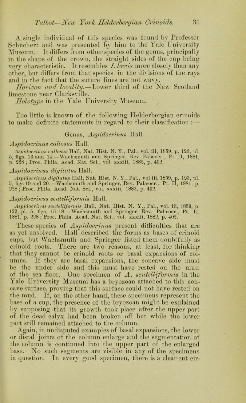 A single individual of this species was found by Professor Sclnichert and was presented by bim to the Yale University Museum. It differs from other species of the genus, principally in the shape of the crown, the straight sides of the cup being very characteristic. It resembles I. Iwvis more closely than any other, but differs from that species in the divisions of the rays and in the fact that the suture lines are not wavy. Horizon and locality.—Lower third of the New Scotland limestone near Clarksville. Holotype in the Yale University Museum. , Too little is known of the following Helderbergian crinoids o o to make definite statements in regard to their classification :— Genus, Aspidocrinus Hall. Aspidocrinus callosus Hall. Aspidocrinus callosus Hall, Nat. Hist. N. Y., Pal., vol. iii, 1859, p. 128, pi. 5, figs. 18 and 14.—Wachsmutli and Springer, Rev. Pafieocr., Pt. II, 1881, p. 228 ; Proc. Phila. Acad. Nat. Sci., vol. xxxiii, 1882, p. 402. Aspidocrinus digitatus Hall. Aspidocrinus digitatus Hall, Nat. Hist. N. Y.,Pal., vol iii, 1859, p. 123, pi. 5, figs 19 and 20.—Wachsmutli and Springer, Rev. Palaeocr., Pt. II, 1881, p. 228 ; Proc. Phila. Acad. Nat. Sci., vol. xxxiii, 1882, p. 402. Aspidocrinus scutelliformis Hall. Aspidocrinus scutelliformis Hall, Nat. Hist. N. Y., Pal., vol. iii, 1859, p. 122, pi. 5, figs. 15-18.—Wachsmutli and Springer, Rev. Palseocr., Pt. II, 1881, p. 228 ; Proc. Phila. Acad. Nat. Sci., vol. xxxiii, 1882, p. 402. These species of Aspidocrinus present difficulties that are as yet unsolved. Hall described the forms as bases of crinoid cups, hut Wachsmutli and Springer listed them doubtfully as crinoid roots. There are two reasons, at least, for thinking that they cannot be crinoid roots or basal expansions of col- umns. If they are basal expansions, the concave side must be the under side and this must have rested on the mud of the sea floor. One specimen of A. scutelliformis in the Yale University Museum has a bryozoan attached to this con- cave surface, proving that this surface could not have rested on the mud. If, on the other hand, these specimens represent the base of a cup, the presence of the bryozoan might be explained by supposing that its growth took place after the upper part of the dead calyx had been broken off but while the lower part still remained attached to the column. Again, in undisputed examples of basal expansions, the lower or distal joints of the column enlarge and the segmentation of the column is continued into the upper part of the enlarged base. No such segments are visible in any of the specimens in question. In every good specimen, there is a clear-cut cir-
