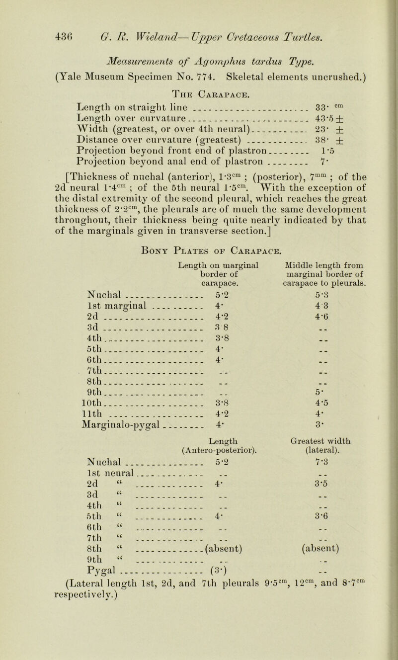 Measurements of Agomphus tardus Tgpe. (Yale Museum Specimen No. 774. Skeletal elements uncrushed.) The Carapace. Length on straight line 33* cm Length over curvature 43,5± Width (greatest, or over 4th neural) 23* ± Distance over curvature (greatest) 38- ± Projection beyond front end of plastron 1*5 Projection beyond anal end of plastron 7- [Thickness of nuchal (anterior), P3cra ; (posterior), 7mm ; of the 2d neural T4cm ; of the 5th neural T5cm. With the exception of the distal extremity of the second pleural, which reaches the great thickness of 2*2cm, the pleurals are of much the same development throughout, their thickness being quite nearly indicated by that of the marginals given in transverse section.] Bony Plates of Carapace. Length on marginal Middle length from border of marginal border of carapace. carapace to pleurals. N uchal 5*2 5-3 1st marginal 4* 4 3 2d 4’2 4’6 3d 3 8 4th 3-8 5th 4 6th 4* 7th. 8th 9th 5* 10th 3-8 4*5 11th 4*2 4- Marginalo-pygal 4* 3# Length Greatest width (Antero-posterior). (lateral). Nuchal 5'2 7'3 1st neural 2d “ 4- 3*5 3d “ 4th “ 5th “ .4- 3*6 6th “ 7th “ 8th “ (absent) (absent) 9th “ Pygal - (3*) (Lateral length 1st, 2d, and 7th pleurals 9*5cm, 12cm, and 8*7cm respectively.)