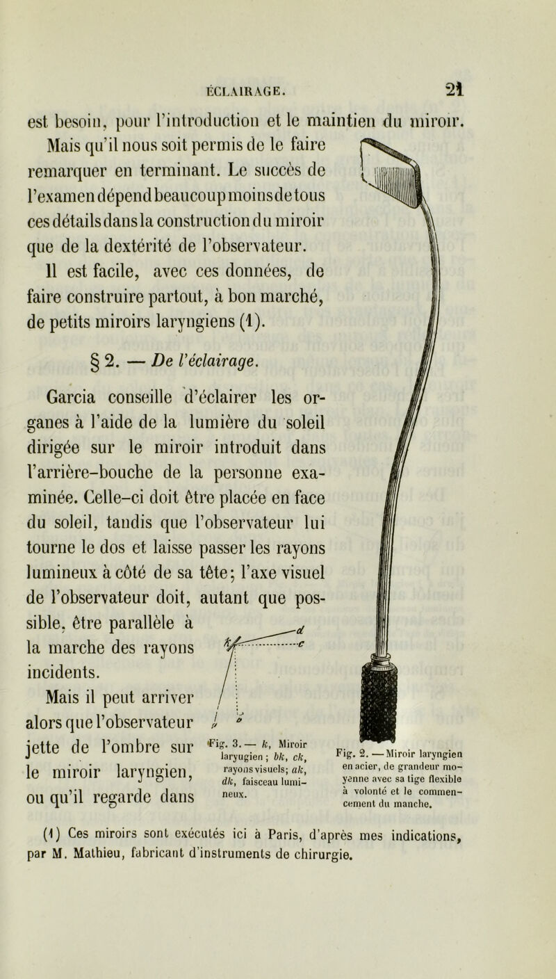 est besoin, pour rintroduction et le maintien du miroir. Mais qu’il nous soit permis de le faire remarquer en terminant. Le succès de l’examen dépend beaucoup moinsde tous ces détails dans la construction du miroir que de la dextérité de l’observateur. 11 est facile, avec ces données, de faire construire partout, à bon marché, de petits miroirs laryngiens (1). §2. — De Véclairage. Garcia conseille d’éclairer les or- ganes à l’aide de la lumière du soleil dirigée sur le miroir introduit dans l’arrière-bouche de la personne exa- minée. Celle-ci doit être placée en face du soleil, tandis que l’observateur lui tourne le dos et laisse passer les rayons lumineux à côté de sa tête; l’axe visuel de l’observateur doit, autant que pos- sible, être parallèle à la marche des rayons incidents. Mais il peut arriver alors que l’observateur jette de l’ombre sur le miroir laryngien, ou qu’il regarde dans •Fig. 3. — k, Miroir laryngien ; bit, ck, rayons visuels; ale, dit, faisceau lumi- neux. en acier, de grandeur mo- yenne avec sa tige flexible à volonté et le commen- cement du manche. (1) Ces miroirs sont exécutés ici à Paris, d’après mes indications, par M. Mathieu, fabricant d’instruments de chirurgie.