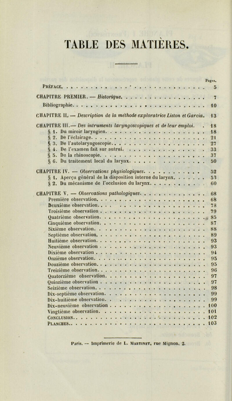 TABLE DES MATIERES. Pages. Préface . . . * 5 CHAPITRE PREMIER. — Historique 7 Bibliographie 10 CHAPITRE IL — Description de la méthode exploratrice Liston et Garcia, 13 CHAPITRE III.— Des intruments laryngoscopiques et de leur emploi. . 18 § 1. Du miroir laryngien 18 § 2. De l’éclairage 21 § 3. De l’autolaryngoscopie 27 § 4. De l’examen fait sur autrui 33 § 5. De la rhinoscopie 37 § 6. Du traitement local du larynx 50 CHAPITRE IV. — Observations physiologiques 52 § 1. Aperçu général de la disposition interne du larynx 53 § 2. Du mécanisme de l’occlusion du larynx 60 CHAPITRE V. — Observations pathologiques 68 Première observation 68 Deuxième observation 78 Troisième observation 79 Quatrième observation 85 Cinquième observation 87 Sixième observation 88 Septième observation 89 Huitième observation 93 Neuvième observation 93 Dixième observation 94 Onzième observation 95 Douzième observation 95 Treizième observation 96 Quatorzième observation 97 Quinzième observation 97 Seizième observation 98 Dix-septième observation 99 Dix-huitième observation. . . 99 Dix-neuvième observation 100 Vingtième observation 101 Conclusion 102 Planches 103