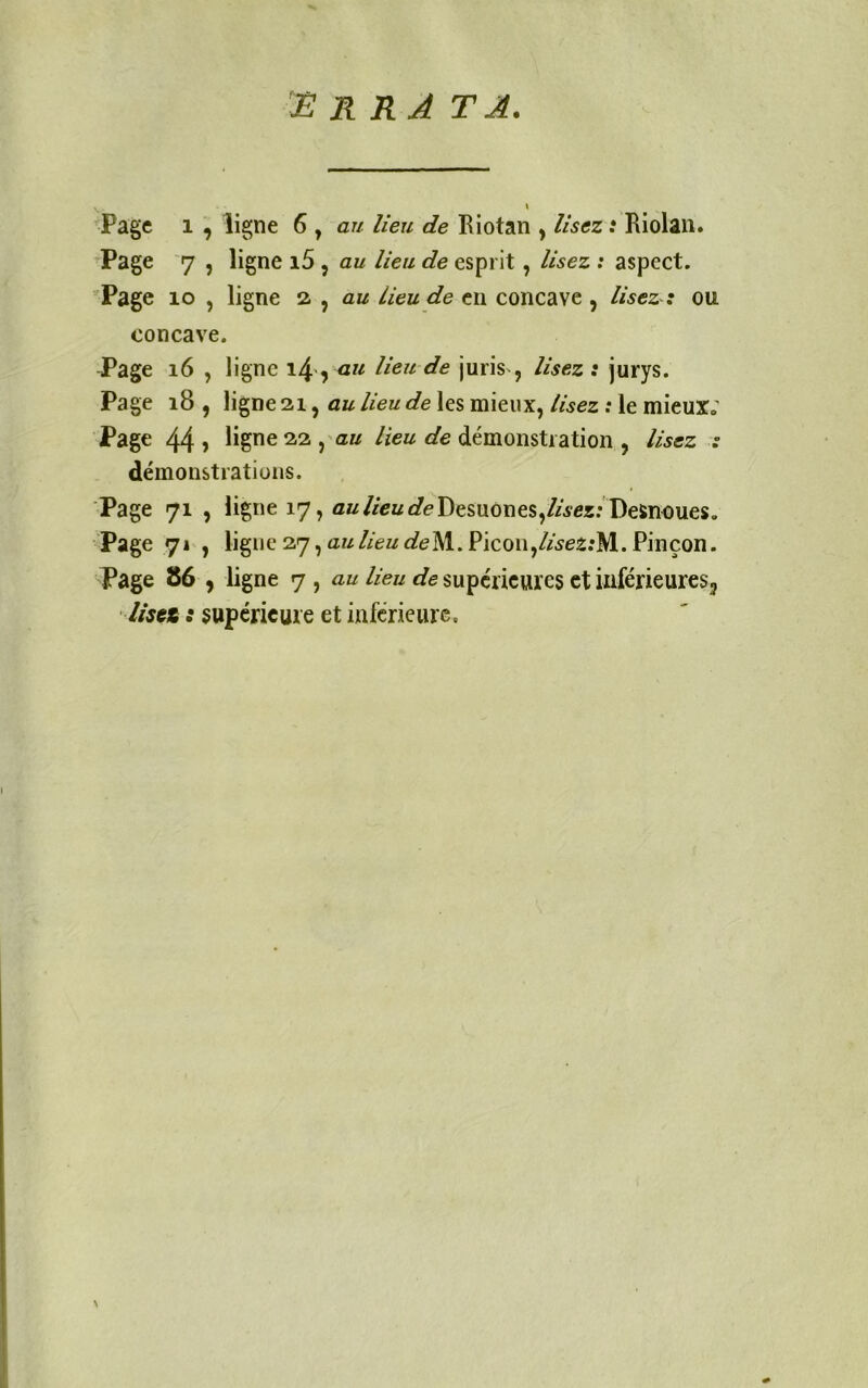 JË RRA TA. Page 1 , ligne 6 , au lieu de Biotan , lisez : Biolaii* Page 7 , ligne i5 , au lieu de esprit, lisez : aspect. Page 10 , ligne 2. ^ au Lieu de en concave , lisez : ou. concave. Page i6 , ligne i4 , H^u de juris , lisez : jurys. Page i8 , ligne 21, au lieu de les mieux, lisez : le mieux; Page 44» ligne 22,cfe démonstration , lisez : démonstrations. Page 71 , ligne 17, aw//ewû?eDesuOnes,//Aex; DeSnoues, Page 71 , ligne27,û////e«rfeM.Picon,4.se2;M.Pinçon. Page 86 , ligne 7, au lieu de supérieures et iaférieureSj lisez : supérieure et inferieure.
