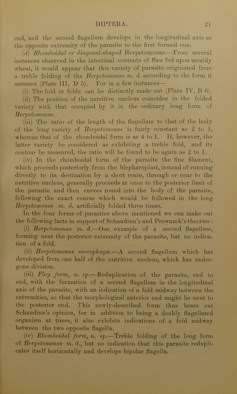 end, and the second flagellum develops in the longitudinal axis at the opposite extremity of the parasite to the first formed one. (d) Rhomboidal or diagonal-shaped Herpetomonas.—From several instances observed in the intestinal contents of flies fed upon mouldy wheat, it would appear that this variety of parasite originated from a treble folding of the 'Herpetomonas m. d. according to the form it assumes (Plate III, D 5). For in a few instances— (i) The fold or folds can be distinctly made out (Plate IV, B 6). (ii) The position of the nutritive nucleus coincides in the folded variety with that occupied by it in the ordinary long form of Herpetomonas. (iii) The ratio of the length of the flagellum to that of the body of the long variety of Herpetomonas is fairly constant as 2 to 1, whereas that of the rhomboidal form is as 4 to 1. If, however, the latter variety be considered as exhibiting a treble fold, and its contour be measured, the ratio will be found to be again as 2 to 1. (iv) In the rhomboidal form of the parasite the fine filament, which proceeds posteriorly from the blepharoplast, instead of running directly to its destination by a short route, through or near to the nutritive nucleus, generally proceeds at once to the posterior limit of the parasite and then curves round into the body of the parasite, following the exact course which would be followed in the long Herpetomonas m. d. artificially folded three times. In the four forms of parasites above mentioned we can make out. the following facts in support of ScliaudimPs and Prowazek’s theories : (i) Herpetomonas m. d.—One example of a second flagellum, forming near the posterior extremity of the |3arasite, but no indica- tion of a fold. (ii) Herpetomonas sarcophagse.—A second flagellum which has developed from one half of the nutritive nucleus, which has under- gone division. (iii) Flag form, n. sp.—Reduplication of the parasite, end to end, with the formation of a second flagellum in the longitudinal axis of the parasite, with an indication of a fold midway between the extremities, so that the morphological anterior end might lie next to the posterior end. This newly-described form thus bears out Schaudinn’s opinion, for in addition to being a doubly flagellated organism at times, it also exhibits indications of a fold midway between the two opposite flagella. (iv) Rhomboidal form, n. sp.—Treble folding of the long form of Herpetomonas m. d., but no indication that this parasite redupli- cates itself horizontally and develops bipolar flagella.