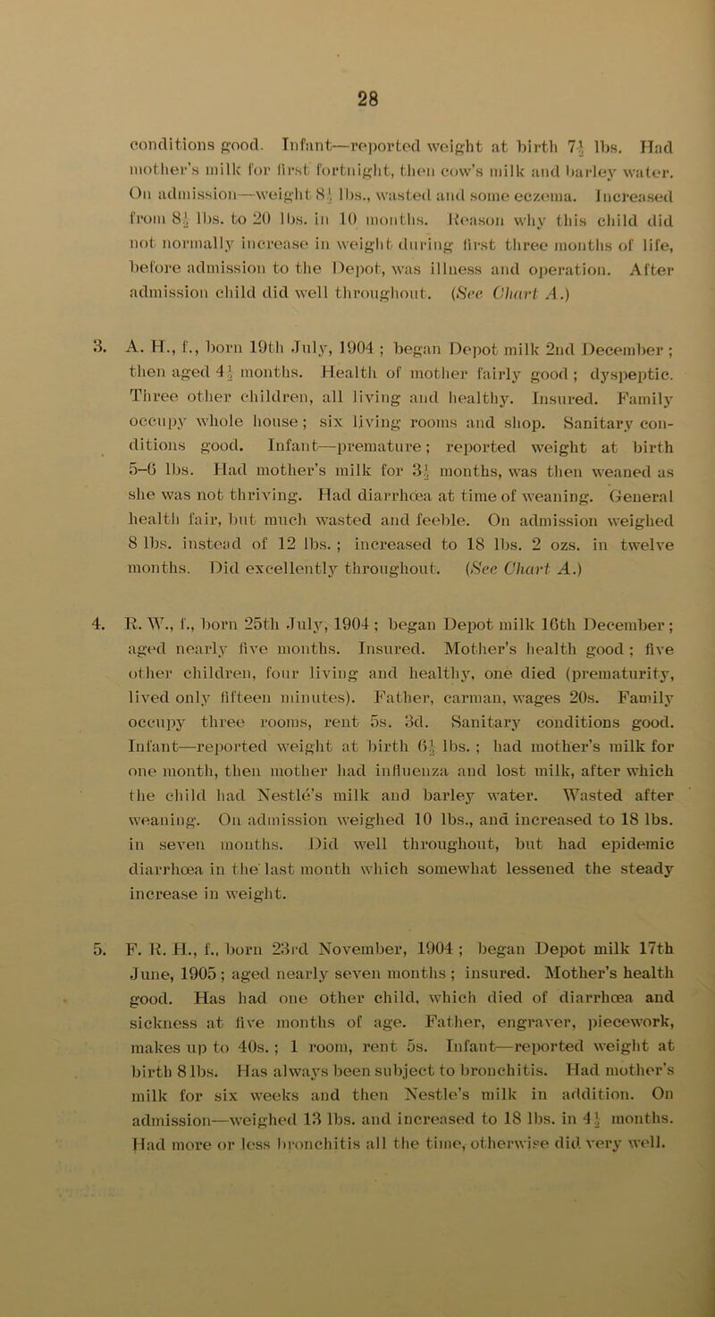 conditions ft’ood. Infunt—reported weight at birth lbs. Had mother’s milk I'or lirst rortMif^lit, then cow’s milk and barley water. On admission—weif>ht 8! Ihs., wasted and some eczema. Increased from lbs. to 20 lbs. in 10 months. Keason why this child did not normally increase in wt'ight dni'ing lii-st three months ol' lil'e, before admission to the Depot, was illness and operation. After admission child did well throughout. (»SVc Chart A.) 3. A. H., f., born 19th July, 1904 ; began Depot milk 2nd December ; then aged 4 J months. Health of mother fairly good; dys])eptie. Tiiree other children, all living and healthy. Insured. Family occupy whole house; six living rooms and shop. Sanitary con- ditions good. Infant—premature; reported weight at birth 5-G lbs. Had mother’s milk for 3i months, was then weaned as she was not thriving. Had diarrhoea at time of weaning. General health fair, but much wasted and feeble. On admission weighed 8 lbs. instead of 12 lbs. ; increased to 18 lbs. 2 ozs. in twelve months. Did excellently throughout. (S'ce Chart A.) 4. R. W., f., born 25th July, 1904 ; began Depot milk IGtli December ; aged nearly five months. Insured. Mother’s health good ; five other children, four living and healthy, one died (prematurity, lived only Hfteen minutes). Father, carman, wages 20s. Family occupy three rooms, rent 5s. 3d. Sanitary conditions good. Infant—reported weight at birth Gi lbs. ; had mother’s milk for one month, then mother had inlluenza and lost milk, after which the cliild had Nestle’s milk and barley water. Wasted after weaning. On admission weighed 10 lbs., and increa.sed to 18 lbs. in seven mouths. Did well throughoiit, but had epidemic diarrhoea in the' last month which somewhat lessened the steady increa.se in weight. 5. F. R. FL, f., born 23rd November, 1904 ; began Depot milk 17th June, 1905; aged nearly seven months; insured. Mother’s health good. Has had one other child, which died of diarrhoea and sickness at live months of age. Fatlier, engraver, liiecework, makes up to 40s.; 1 room, rent 5s. Infant—reported weight at birth 8 lbs. Has alwaj's been subject to bronchitis. Had mother’s milk for six weeks and then Nestle’s milk in addition. On admission—weighed 13 lbs. and increased to 18 lbs. in 41 months. Had more or less bronchitis all the time, otherwise did. very well.