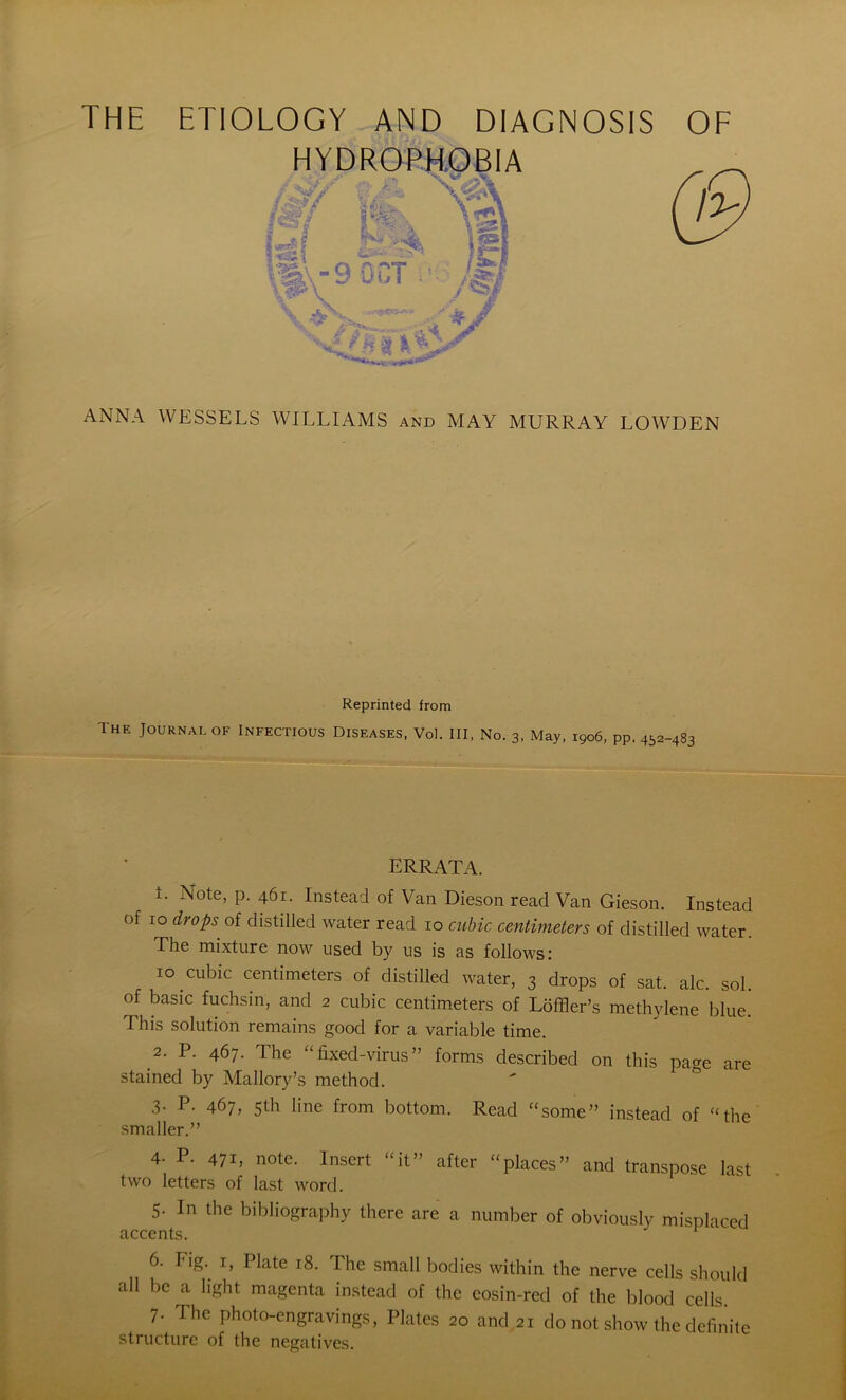 f.B *g|f . 'T- THE ETIOLOGY AND DIAGNOSIS HYDROPHOBIA Ig1. if£l M\-9 0CfV */ \Kcr<f. M5m*> ‘$SJ ANNA WESSELS WILLIAMS and MAY MURRAY LOWDEN Reprinted from The Journal of Infectious Diseases, Vol. Ill, No. 3, May, 1906, pp. 452-483 errata. t. Note, p. 461. Instead of Van Dieson read Van Gieson. Instead of 10 drops of distilled water read 10 cubic centimeters of distilled water. The mixture now used by us is as follows: 10 cubic centimeters of distilled water, 3 drops of sat. ale. sol. of basic fuchsin, and 2 cubic centimeters of Loffler’s methylene blue* This solution remains good for a variable time. 2. P. 467. The “fixed-virus” forms described on this page are stained by Mallory’s method. 3. P. 467, 5th line from bottom. Read “some” instead of “the smaller.” 4; P* 471, note. Insert “it” after “places” and transpose last two letters of last word. 5- In the bibliography there are a number of obviously misplaced accents. 6. Fig. 1, Plate 18. The small bodies within the nerve cells should all be a light magenta instead of the eosin-red of the blood cells 7. The photo-engravings, Plates 20 and 21 do not show the definite structure of the negatives.