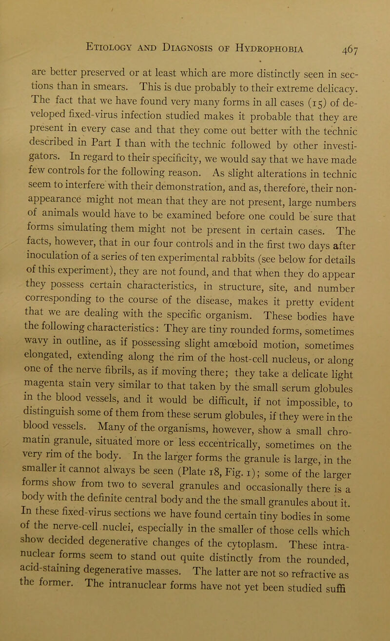 * are better preserved or at least which are more distinctly seen in sec- tions than in smears. This is due probably to their extreme delicacy. The fact that we have found very many forms in all cases (15) of de- veloped fixed-virus infection studied makes it probable that they are present in every case and that they come out better with the technic described in Part I than with the technic followed by other investi- gators. In regard to their specificity, we would say that we have made few controls for the following reason. As slight alterations in technic seem to interfere with their demonstration, and as, therefore, their non- appearance might not mean that they are not present, large numbers of animals would have to be examined before one could be sure that forms simulating them might not be present in certain cases. The facts, however, that in our four controls and in the first two days after inoculation of a series of ten experimental rabbits (see below for details of this experiment), they are not found, and that when they do appear they possess certain characteristics, in structure, site, and number corresponding to the course of the disease, makes it pretty evident that we are dealing with the specific organism. These bodies have the following characteristics: They are tiny rounded forms, sometimes wavy in outline, as if possessing slight amoeboid motion, sometimes elongated, extending along the rim of the host-cell nucleus, or along one of the nerve fibrils, as if moving there; they take a delicate light magenta stain very similar to that taken by the small serum globules in the blood vessels, and it would be difficult, if not impossible, to distinguish some of them from these serum globules, if they were in the blood vessels. Many of the organisms, however, show a small chro- matin granule, situated more or less eccentrically, sometimes on the very rim of the body. In the larger forms the granule is large, in the smaller it cannot always be seen (Plate 18, Fig. 1); some of the larger forms show from two to several granules and occasionally there is a body with the definite central body and the the small granules about it. In these fixed-virus sections we have found certain tiny bodies in some of the nerve-cell nuclei, especially in the smaller of those cells which show decided degenerative changes of the cytoplasm. These intra- nuclear forms seem to stand out quite distinctly from the rounded, acid-staining degenerative masses. The latter are not so refractive as the former. The intranuclear forms have not yet been studied suffi
