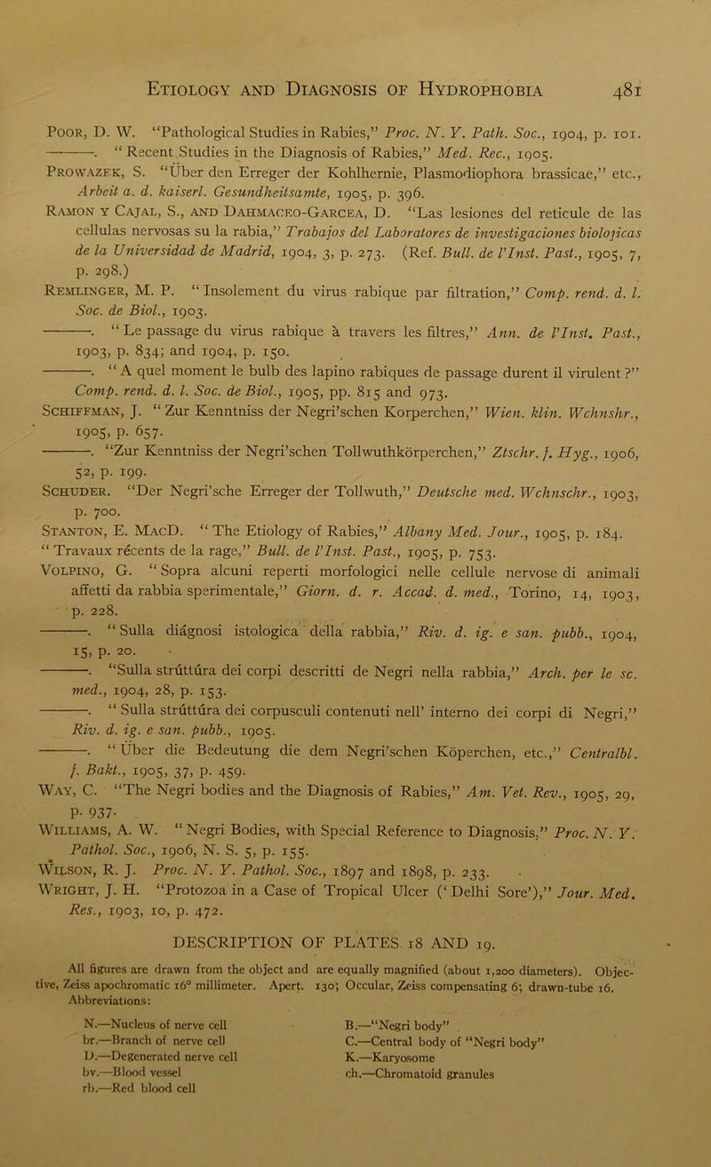 Poor, D. W. “Pathological Studies in Rabies,” Proc. N. Y. Path. Soc., 1904, p. 101. . “ Recent Studies in the Diagnosis of Rabies,” Med. Rec., 1905. Provvazfk, S. “Liber den Errcger der Kohlhernic, Plasmodiophora brassicae,” etc., Arbeit a. d. kaiserl. Gesundheitsamte, 1905, p. 396. Ramon y Cajax, S., and Dahmaoeo-Garcea, D. “Las lesiones del reticule de las cellulas nervosas su la rabia,” Trabajos del Laboratores de investigaciones biolojicas de la Universidad de Madrid, 1904, 3, p. 273. (Ref. Bull, de l’Inst. Past., 1905, 7, p. 298.) Remlinger, M. P. “ Insolement du virus rabicjue par filtration,” Comp. rend. d. 1. Soc. de Biol., 1903. . “Le passage du virus rabique a travers les fibres,” Ann. de VInst. Past., i9°3> P- 834; and 1904, p. 150. . “ A quel moment le bulb des lapino rabiques de passage durent il virulent?” Comp. rend. d. 1. Soc. de Biol., 1905, pp. 815 and 973. Schiffman, J. “ Zur Kenntniss der Negri’schen Korperchen,” Wien. klin. Wchnshr., 1905, p. 657. . “Zur Kenntniss der Negri’schen Tollwuthkorperchen,” Ztschr. /. Hyg., 1906, 52, p. 199. Schuder. “Der Negri’sche Erreger der Tollwuth,” Deutsche med. Wchnschr., 1903, p. 700. Stanton, E. MacD. “ The Etiology of Rabies,” Albany Med. Jour., 1905, p. 184. “ Travaux recents de la rage,” Bull, de VInst. Past., 1905, p. 753. Volpino, G. “ Sopra alcuni reperti morfologici nelle cellule nervose di animali affetti da rabbia sperimentale,” Ciorn. d. r. Accad. d. med., Torino, 14, 1903, p. 228. . “ Sulla diagnosi istologica della rabbia,” Riv. d. ig. e san. pubb., 1904, 15, p. 20. . “Sulla struttura dei corpi descritti de Negri nella rabbia,” Arch, per le sc. med., 1904, 28, p. 153. . “ Sulla struttura dei corpusculi contenuti nell’ interno dei corpi di Negri,” Riv. d. ig. e san. pubb., 1905. . “ Uber die Bedeutung die dem Negri’schen Koperchen, etc.,” Centralbl. /. Bakt., 1905, 37, p. 459. Way, C. “The Negri bodies and the Diagnosis of Rabies,” Am. Vet. Rev., 1905, 29, P- 937- Williams, A. W. “ Negri Bodies, with Special Reference to Diagnosis,” Proc. N. Y. Pathol. Soc., 1906, N. S. 5, p. 155. Wilson, R. J. Proc. N. Y. Pathol. Soc., 1897 and 1898, p. 233. Wright, J. H. “Protozoa in a Case of Tropical Ulcer (‘Delhi Sore’),” Jour. Med. Res., 1903, 10, p. 472. DESCRIPTION OF PLATES 18 AND 19. All figures are drawn from the object and are equally magnified (about 1,200 diameters). Objec- tive, Zeiss apochromatic x6° millimeter. Apert. 130; Occular, Zeiss compensating 6; drawn-tube 16. Abbreviations: N.—Nucleus of nerve cell br.—Branch of nerve cell D.—Degenerated nerve cell bv.—Blood vessel rb.—Red blood cell B. —“Negri body” . C. —Central body of “Negri body” K.—Karyosome r,h.—Chromatoid granules