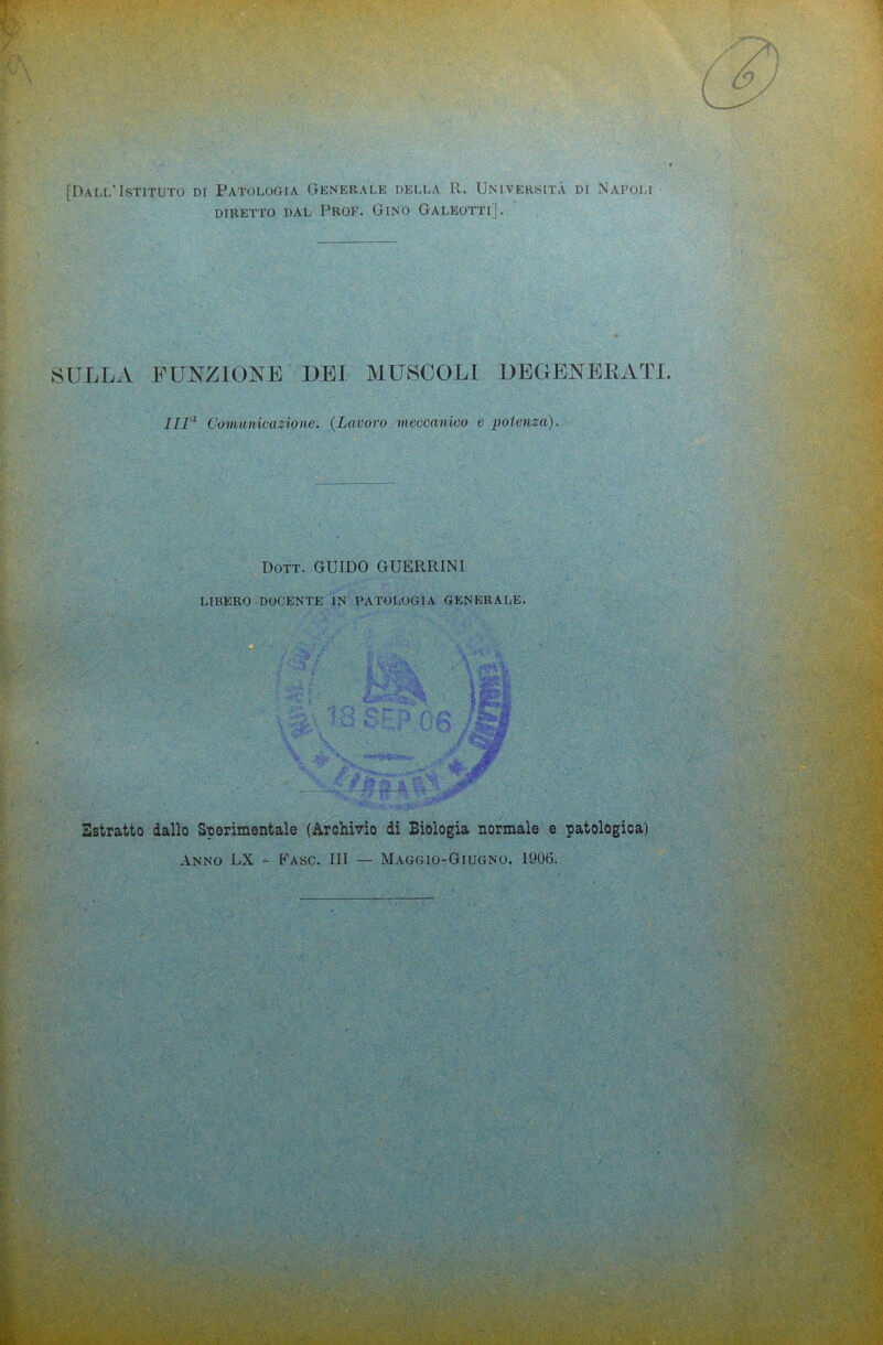 [Dai,!,'Istituto di Patologia Generale della 11. Università di Napoli DIRETTO DAL PROK. GiNO GALEOTTI]. SULLA FUNZIONE DEI MUSCOLI DEGENERATI IZJ* Comunicazione. {Lavoro meccanico e potenza). Dott. guido GUERRINI LIBERO DOCENTE IN PATOLOGIA GENERALE. Estratto dallo Sperimentale (Archivio di Biologia normale e patologica) Anno LX Fasc. III — Maggio-Giugno, 1906.