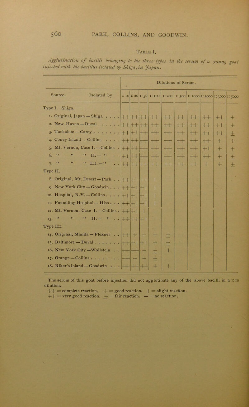 Table I. Agglutination of bacilli belonging to the three types in the serum of a young goal injected with the bacillus isolated by Shiga, in Japan. Dilutions of Serum. Source. Isolated by I.-IO 1: 20 1:50 1:100 1: 200 1:500 1: 1000 1: 2000 1:3000 1:5000 Type I. Shiga. 1. Original, Japan—Shiga .... ++ ++ ++ ++ ++ ++ ++ ++ + 1 + 2. New Haven — Duval ++ ++ ++ ++ ++ ++ ++ ++ + 1 + 3. Tuckahoe—Carey + 1 +1 ++ ++ ++ ++ ++ + 1 + i + 4. Coney Island — Collins .... ++ ++ ++ ++ ++ ++ ++ ++ + + 5. Mt. Vernon, Case I.—Collins . ++ ++ ++ ++ ++ ++ ++ + 1 + + 6. “ “ “ II._ “ . . + 1 ++ ++ ++ ++ ++ ++ ++ + ± H it a XU. a ++ ++ ++ ++ ++ ++ ++ + + + Type II. S. Original, Mt. Desert — Park . . ++ +1 + 1 1 9. New York City — Goodwin. . . ++ + 1 + 1 1 10. Hospital, N.Y. — Collins. . . . + 1 + 1 + 1 1 11. Foundling Hospital—Hiss. . . ++ + 1 + 1 1 12. Mt. Vernon, Case I. — Collins . ++ + 1 1 13. “ “ “ II.— “ . . ++ ++ + 1 Type III. 14. Original, Manila — Flexner . . ++ + + + ± 1. 1 4- | 4- 1 4. 4-- 16. New York City—Wollstein . . 1 1 ++ 1 1 ++ 1 l + ± 1 17. Orange — Collins ++ + + + 18. Riker’s Island — Goodwin . . . ++ ++ ++ + 1 The serum of this goat before injection did not agglutinate any of the above bacilli in a 1:10 dilution. +-|- = complete reaction. -j- = good reaction. | = slight reaction. -j- | = very good reaction. = fair reaction. — = no reaction.