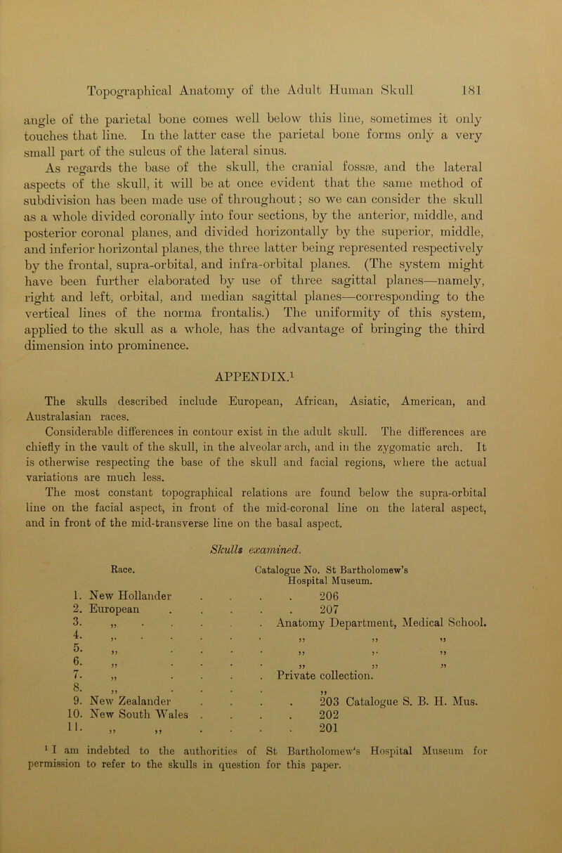 angle of the parietal bone comes well below this line, sometimes it only touches that line. In the latter case the parietal bone forms only a very small part of the sulcus of the lateral sinus. As regards the base of the skull, the cranial fossae, and the lateral aspects of the skull, it will be at once evident that the same method of subdivision has been made use of throughout; so we can consider the skull as a whole divided coronally into four sections, by the anterior, middle, and posterior coronal planes, and divided horizontally by the superior, middle, and inferior horizontal planes, the three latter being represented respectively by the frontal, supra-orbital, and infra-orbital planes. (The system might have been further elaborated by use of three sagittal planes—namely, right and left, orbital, and median sagittal planes—corresponding to the vertical lines of the norma frontalis.) The uniformity of this system, applied to the skull as a whole, has the advantage of bringing the third dimension into prominence. APPENDIX.1 The skulls described include European, African, Asiatic, American, and Australasian races. Considerable differences in contour exist in the adult skull. The differences are chiefly in the vault of the skull, in the alveolar arch, and in the zygomatic arch. It is otherwise respecting the base of the skull and facial regions, where the actual variations are much less. The most constant topographical relations are found below the supra-orbital line on the facial aspect, in front of the mid-coronal line on the lateral aspect, and in front of the mid-transverse line on the basal aspect. Skulls examined. Race. 1. New Hollander 2. European 3. 4. 5. 6. 7. 8. 9. New Zealander 10. New South Wales 33 3' 33 33 33 3 3 Catalogue No. St Bartholomew’s Hospital Museum. 206 207 . Anatomy Department, Medical School. * 5? 33 33 ’ 3 3 3 * 3 3 * 33 33 33 . Private collection. 203 Catalogue S. B. H. Mus. 202 201 1 I am indebted to the authorities of St Bartholomew's Hospital Museum for permission to refer to the skulls in cpiestion for this paper.