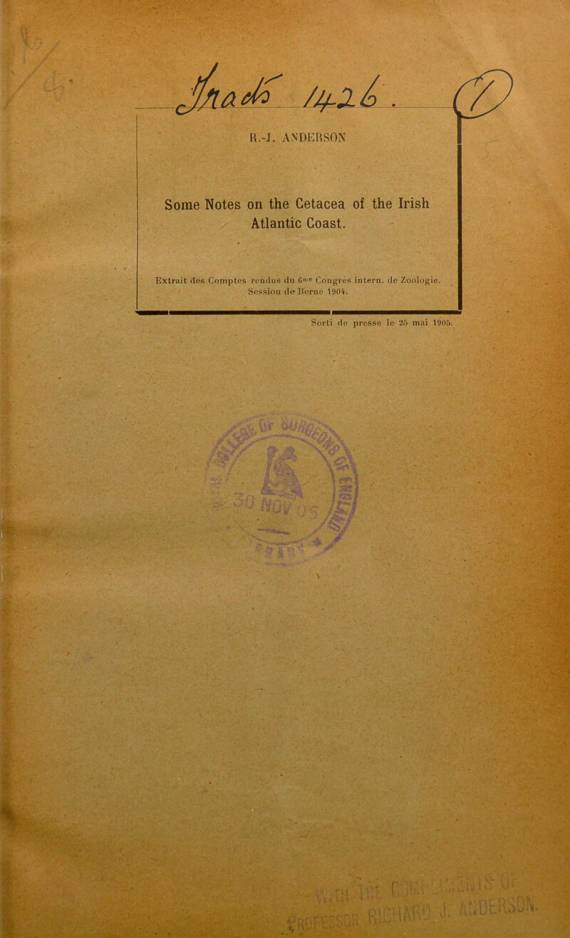 / Vfia eio /jj-lb R.-J. ANDERSON Some Notes on the Cetacea of the Irish Atlantic Coast. Extrait des Cpmptcs rendus du Gn,° Congres intern, do Zoologie. Session d<? Berne 1904. {||?HRR:0 j; , /•