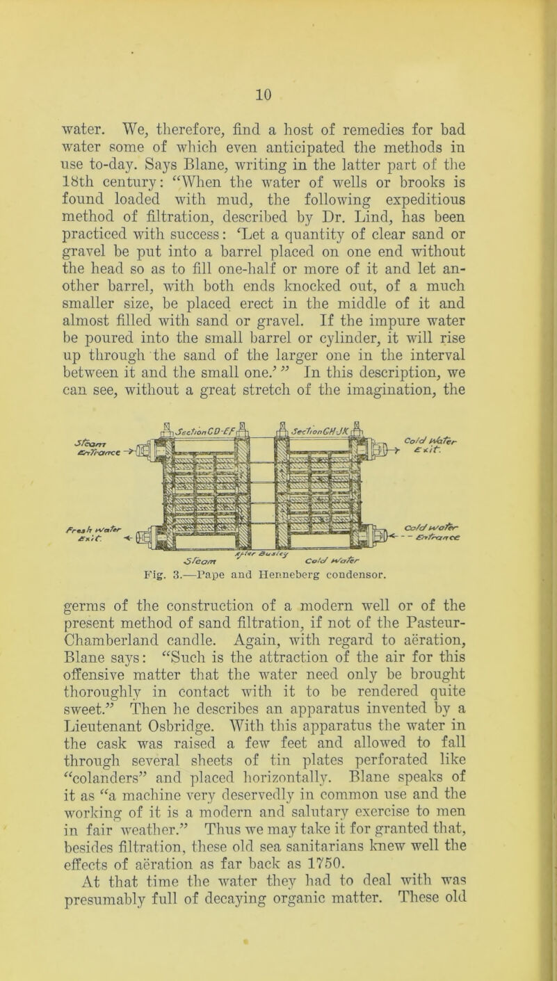 water. We, therefore, find a host of remedies for bad water some of which even anticipated the methods in use to-day. Says Blane, writing in the latter part of the 18th century: “When the water of wells or brooks is found loaded with mud, the following expeditious method of filtration, described by Dr. Lind, has been practiced with success: ‘Let a quantity of clear sand or gravel be put into a barrel placed on one end without the head so as to fill one-half or more of it and let an- other barrel, with both ends knocked out, of a much smaller size, be placed erect in the middle of it and almost filled with sand or gravel. If the impure water be poured into the small barrel or cylinder, it will rise up through the sand of the larger one in the interval between it and the small one/ ” In this description, we can see, without a great stretch of the imagination, the J/aasrr £sr77'a<rce frmjh *s/at*r Fig. 3.—Pape and Hennebcrg condensor. germs of the construction of a modern well or of the present method of sand filtration, if not of the Pasteur- Chamberland candle. Again, with regard to aeration, Blane says: “Such is the attraction of the air for this offensive matter that the water need only be brought thoroughly in contact with it to be rendered quite sweet.” Then he describes an apparatus invented by a Lieutenant Osbridge. With this apparatus the water in the cask was raised a few feet and allowed to fall through several sheets of tin plates perforated like “colanders” and placed horizontally. Blane speaks of it as “a machine very deservedly in common use and the working of it is a modern and salutary exercise to men in fair weather.” Thus we may take it for granted that, besides filtration, these old sea sanitarians knew well the effects of aeration as far back as 1750. At that time the water they had to deal with was presumably full of decaying organic matter. These old