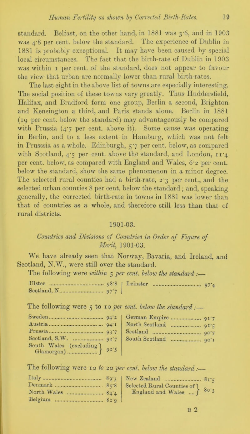 standard. Belfast, on the other hand, in 1881 was y6, and in 1903 was 4-8 per cent, below the standard. The experience of Dublin in 1881 is probably exceptional. It may have been caused by special local circumstances. The fact that the birth-rate of Dublin in 1903 was within i per cent, of the standard, does not appear to favour the view that urban are normally lower than rural birth-rates. The last eight in the above list of towns are especially interesting. The social position of these towns vary greatly. Thus Huddersfield, Halifax, and Bradford form one group, Berlin a second, Brighton and Kensington a third, and Paris stands alone. Berlin in 1881 (19 per cent, below the standard) may advantageously be compared with Prussia (47 per cent, above it). Some cause was operating in Berlin, and to a less extent in Hamburg, which was not felt in Prusssia as a whole. Edinburgh, 57 per cent, below, as compared with Scotland, 4*5 per cent, above the standard, and London, 11*4 per cent, below, as compared with England and Wales, 6‘2 per cent, below the standard, show the same phenomenon in a minor degree. The selected rural counties had a birth-rate, 27 per cent., and the selected urban counties 8 per cent, below the standard; and, speaking generally, the corrected birth-rate in towns in 1881 was lower than that of countries as a whole, and therefore still less than that of rural districts. 1901-03. Countries and Divisions of Countries in Order of Figure of Merit, 1901-03. We have already seen that Norway, Bavaria, and Ireland, and Scotland, N.W., were still over the standard. The following were within 5 per cent, below the standard:— Ulster 98‘8 I Leinster 97-4. Scotland, N 977 | The following were 5 to 1 o per cent, below the standard:— Sweden 94'z Austria 94’1 Prussia 93*7 Scotland, S.W 9Z7 South Wales (excluding Glamorgan) German Empire 91-7 North Scotland 917 Scotland 90'7 South Scotland 90'1 The following were 10 to 20 per cent, below the standard:— Italy 89 3 Denmark 85*8 North Wales 847 Belgium 8j’9 New Zealand 817 Selected Rural Counties of 1 England and Wales .... J 80 I