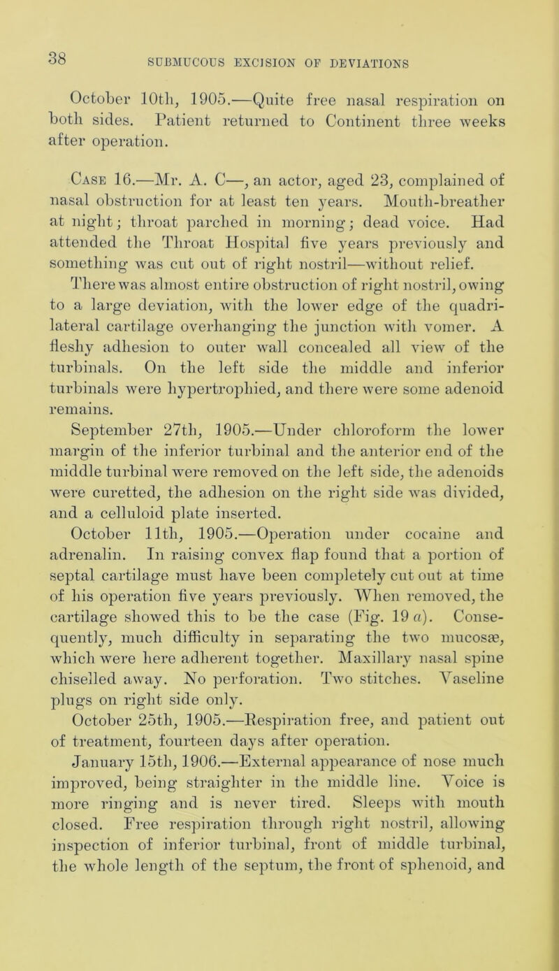 October 10th, 1905.—Quite free nasal respiration on both sides. Patient returned to Continent three weeks after operation. Case 16.—Mr. A. C—, an actor, aged 23, complained of nasal obstruction for at least ten years. Mouth-breather at night; throat parched in morning; dead voice. Had attended the Throat Hospital five years previously and something was cut out of right nostril—without relief. There was almost entire obstruction of right nostril, owing to a large deviation, with the lower edge of the quadri- lateral cartilage overhanging the junction with vomer. A fleshy adhesion to outer wall concealed all view of the turbinals. On the left side the middle and inferior turbinals were hypertrophied, and there were some adenoid remains. September 27th, 1905.—Under chloroform the lower margin of the inferior turbinal and the anterior end of the middle turbinal were removed on the left side, the adenoids were curetted, the adhesion on the right side was divided, and a celluloid plate inserted. October 11th, 1905.—Operation under cocaine and adrenalin. In raising convex flap found that a portion of septal cartilage must have been completely cut out at time of his operation five years previously. When removed, the cartilage showed this to be the case (Fig. 19 a). Conse- quently, much difficulty in separating the two mucosie, which were here adherent together. Maxillary nasal spine chiselled away. No perforation. Two stitches. Vaseline plugs on right side only. October 25th, 1905.—Respiration free, and patient out of treatment, fourteen days after operation. January 15th, 1906.—External appearance of nose much improved, being straighten in the middle line. Voice is more ringing and is never tired. Sleeps with mouth closed. Free respiration through right nostril, allowing inspection of inferior turbinal, front of middle turbinal, the whole length of the septum, the front of sphenoid, and