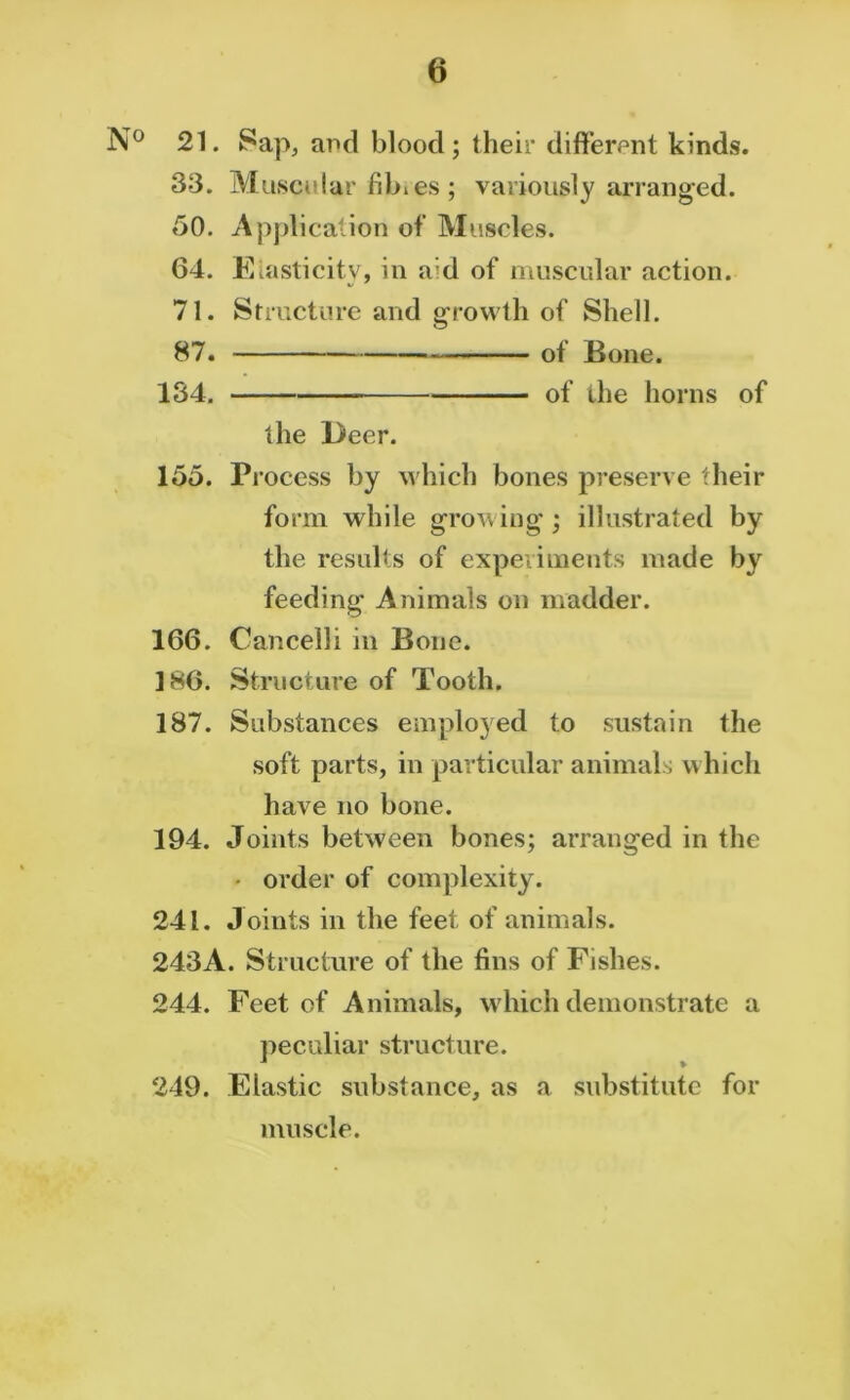 N° 21. Sap, and blood; their different kinds. 33. Muscular fikies; variously arranged. 50. Application of Muscles. 64. Elasticity, in a’d of muscular action. 71. Structure and growth of Shell. 87. of Bone. 134. — of the horns of the Deer. 155. Process by which bones preserve their form while growing; illustrated by the results of experiments made by feeding Animals on madder. 166. Cancelli in Bone. 186. Structure of Tooth. 187. Substances employed to sustain the soft parts, in particular animals which have no bone. 194. Joints between bones; arranged in the • order of complexity. 241. J oints in the feet of animals. 243A. Structure of the tins of Fishes. 244. Feet of Animals, which demonstrate a peculiar structure. 249. Elastic substance, as a substitute for muscle.