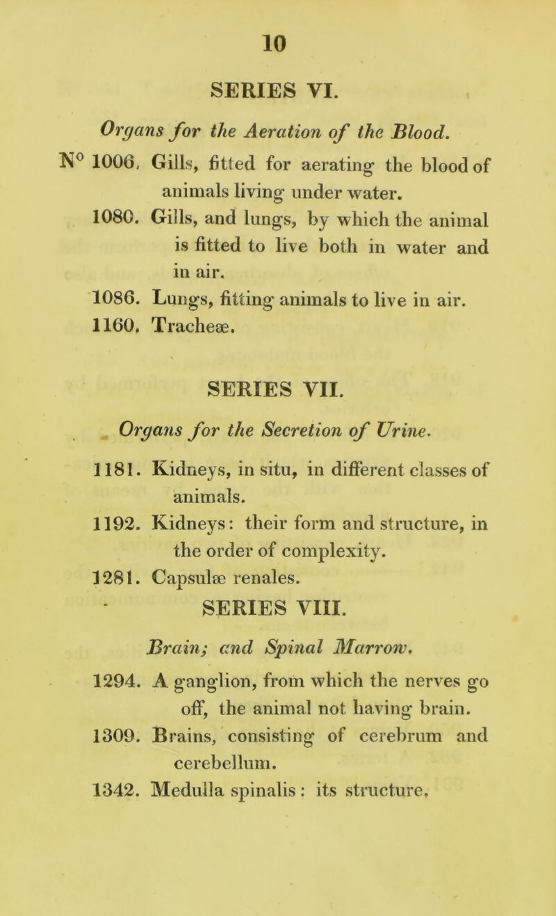 SERIES VI. Organs for the Aeration of the Blood. N° 1006, Gills, fitted for aerating- the blood of animals living- under water. 1080. Gills, and lungs, by which the animal is fitted to live both in water and in air. 1086. Lungs, fitting animals to live in air. 1160. Tracheae. SERIES VII. Organs for the Secretion of TJrine. 1181. Kidneys, in situ, in different classes of animals. 1192. Kidneys: their form and structure, in the order of complexity. 1281. Capsulae renales. SERIES VIII. Brainj and Spinal Marrow. 1294. A ganglion, from which the nerves go off, the animal not having brain. 1309. Brains, consisting of cerebrum and cerebellum. 1342. Medulla spinalis : its structure.