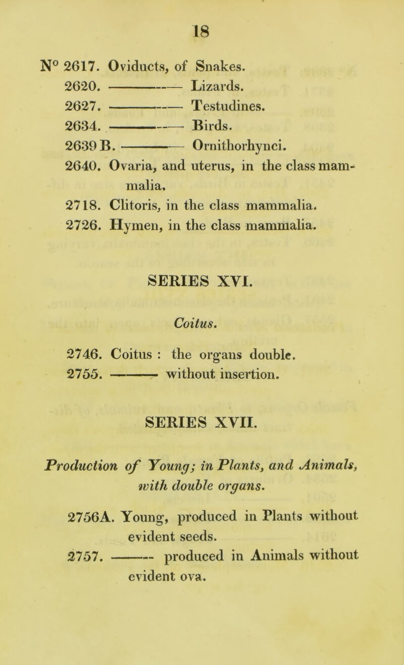 N° 2017. Oviducts, of Snakes. 2620. Lizards. 2627. Testudines. 2634. —- Birds. 2639 B. — Ornithorhynci. 2640. Ovaria, and uterus, in the class mam- malia, 2718. Clitoris, in the class mammalia. 2726. Hymen, in the class mammalia. SERIES XYI. Coitus. 2746. Coitus : the organs double. 2755. without insertion. SERIES XVII. Production of Young; in Plants, and Animals, with double organs. 2756A. Young, produced in Plants without evident seeds. 2757. produced in Animals without evident ova.