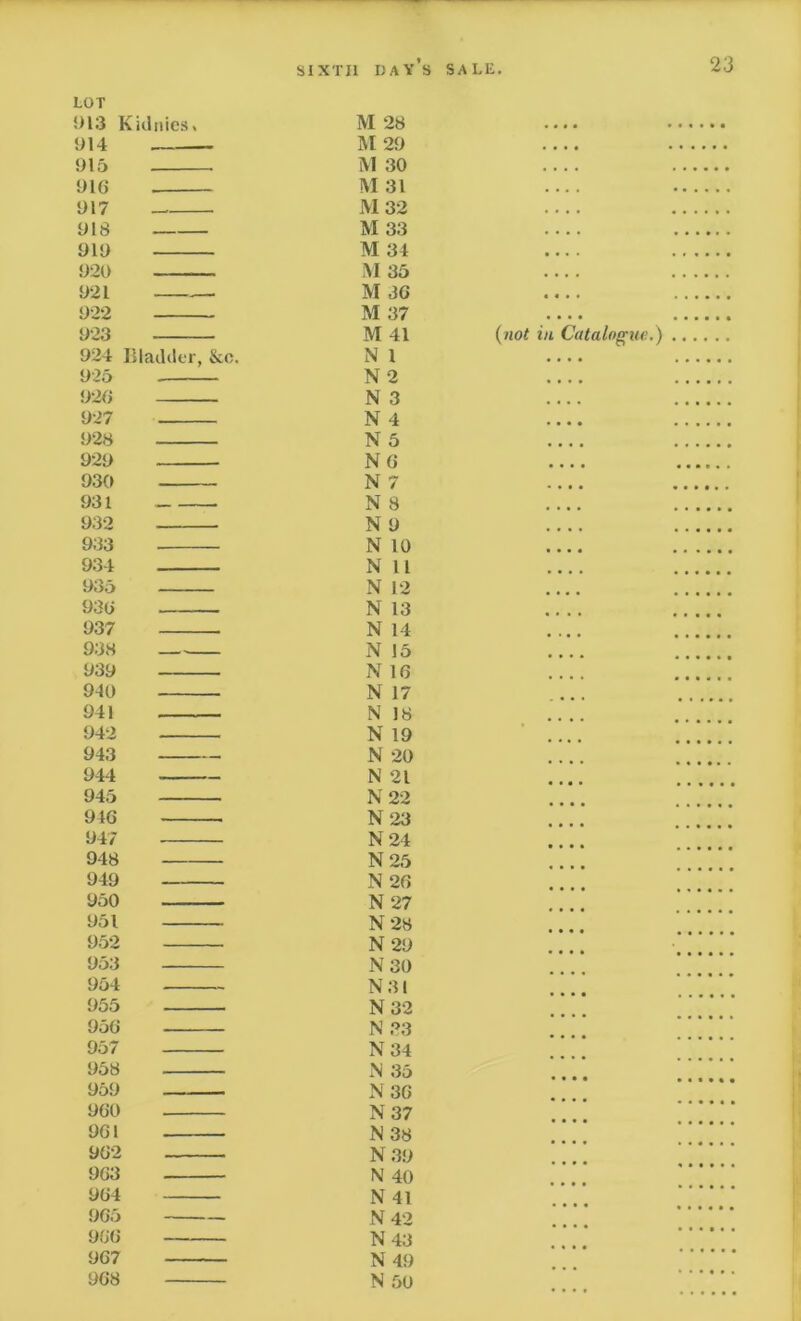 LOT 913 Kidnies. M 28 914 M 29 915 1VI 30 916 M 31 917 M 32 918 M 33 919 M 34 920 VI 35 921 M 36 922 M 37 949 N 26 950 N 27 953 N 30 954 N 31 955 N 32 956 N 33 957 N 34 958 N 35 959 N 36 960 N 37 961 N 38 962 N 39 963 N 40 964 N 41 965 N 42 966 N 43 967 N 49 968 N 50