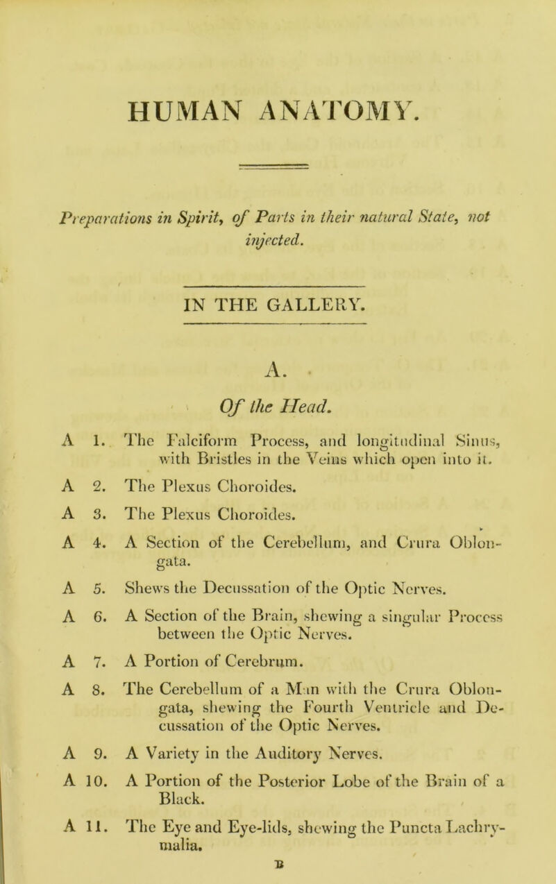 HUMAN ANATOMY Preparations in Spirit, of Parts in their natural State, not injected. IN THE GALLERY. A. Of Ike Head. A 1. The Falciform Process, and longitudinal Sinus, with Bristles in the Veins which open into it. A 2. The Plexus Choroides. A 3. The Plexus Choroides. A 4. A Section of the Cerebellum, and Crura Oblon- gata. A 5. Shews the Decussation of the Optic Nerves. A 6. A Section of the Brain, shewing a singular Process between the Optic Nerves. A 7. A Portion of Cerebrum. A 8. The Cerebellum of a M in with the Crura Oblon- gata, shewing the Fourth Ventricle and De- cussation of tlie Optic Nerves. A 9. A Variety in the Auditory Nerves. A 10. A Portion of the Posterior Lobe of the Brain of a Black. A 11. The Eye and Eye-lids, shewing the Puncta Lachry- malia.