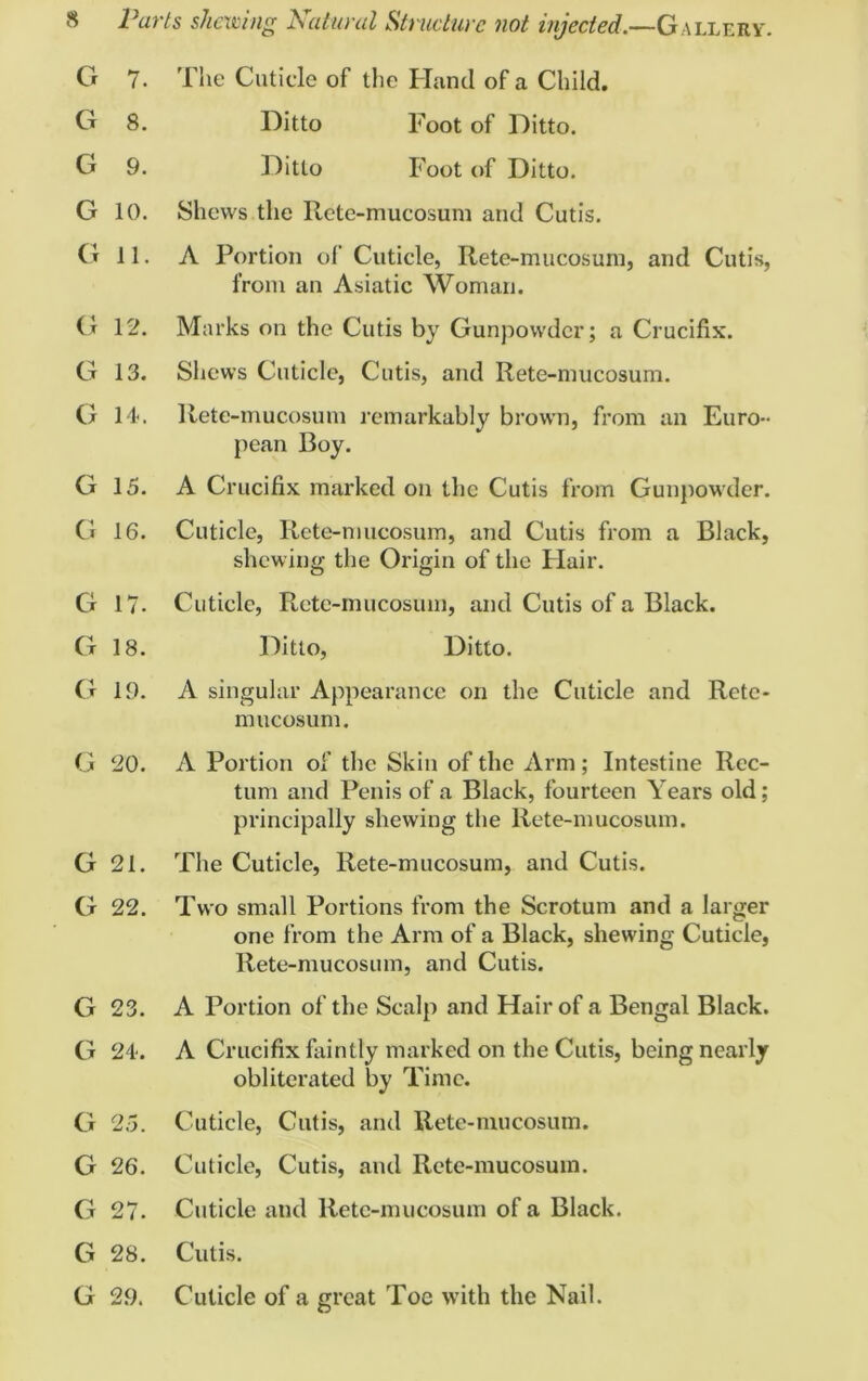 G 7. The Cuticle of the Hand of a Child. G 8. Ditto Foot of Ditto. G 9. Ditto Foot of Ditto. G 10. Shews the Rete-mucosum and Cutis. G 11. A Portion of Cuticle, Rete-mucosuin, and Cutis, from an Asiatic Woman. G 12. Marks on the Cutis by Gunpowder; a Crucifix. G 13. Shews Cuticle, Cutis, and Rete-mucosum. G 14. Rete-mucosum remarkably brown, from an Euro- pean Boy. G 15. A Crucifix marked on the Cutis from Gunpowder. G 16. Cuticle, Rete-mucosum, and Cutis from a Black, shewing the Origin of the Hair. G 17. Cuticle, Rete-mucosum, and Cutis of a Black. G 18. Ditto, Ditto. G 19. A singular Appearance on the Cuticle and Rete- mucosum. G 20. A Portion of the Skin of the Arm; Intestine Rec- tum and Penis of a Black, fourteen Years old; principally shewing the Rete-mucosum. G 21. The Cuticle, Rete-mucosum, and Cutis. G 22. Two small Portions from the Scrotum and a larger one from the Arm of a Black, shewing Cuticle, Rete-mucosum, and Cutis. G 23. A Portion of the Scalp and Hair of a Bengal Black. G 24. A Crucifix faintly marked on the Cutis, being nearly obliterated by Time. G 25. Cuticle, Cutis, and Rete-mucosum. G 26. Cuticle, Cutis, and Rete-mucosum. G 27. Cuticle and Rete-mucosum of a Black. G 28. Cutis. G 29. Cuticle of a great Toe with the Nail.