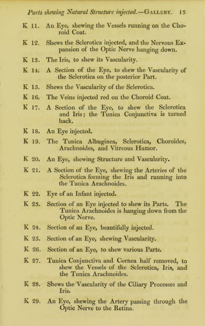 K 11. An Eye, shewing the Vessels running on the Cho- roid Coat. K 12. Shews the Sclerotica injected, and the Nervous Ex- pansion of the Optic Nerve hanging down. K 13. The Iris, to shew its Vascularity. K 14. A Section of the Eye, to shew the Vascularity of the Sclerotica on the posterior Part. K 15. Shews the Vascularity of the Sclerotica. K 16. The Veins injected red on the Choroid Coat. K 17. A Section of the Eye, to shew the Sclerotica and Iris; the Tunica Conjunctiva is turned back. K 18. An Eye injected. K 19. The Tunica Albuginea, Sclerotica, Choroides, Arachnoides, and Vitreous Humor. K 20. An Eye, shewing Structure and Vascularity. K 21. A Section of the Eye, shewing the Arteries of the Sclerotica forming the Iris and running into the Tunica Arachnoides. K 22. Eye of an Infant injected. K 23. Section of an Eye injected to shew its Parts. The Tunica Arachnoides is hanging down from the Optic Nerve. K 24. Section of an Eye, beautifully injected. K 25. Section of an Eye, shewing Vascularity. K 26. Section of an Eye, to shew various Parts. K 27. Tunica Conjunctiva and Cornea half removed, to shew the Vessels of the Sclerotica, Iris, and the Tunica Arachnoides. K 28. Shews the Vascularity of the Ciliary Processes and Iris. K 29. An Eye, shewing the Artery passing through the Optic Nerve to the Retina.