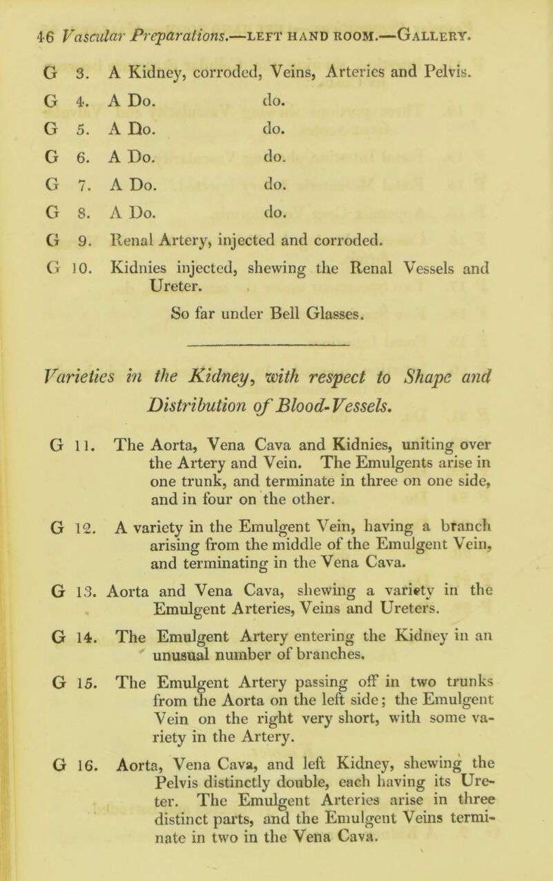 G 3. A Kidney, corroded, Veins, Arteries and Pelvis. G 4. A Do. do. G 5. A Do. do. G 6. A Do. do. G 7. A Do. do. G 8. A Do. do. G 9. Renal Artery, injected and corroded. G 10. Kidnies injected, shewing the Renal Vessels and Ureter. So far under Bell Glasses. Varieties in the Kidney, with respect to Shape and Distribution of Blood-Vessels. G 11. The Aorta, Vena Cava and Kidnies, uniting over the Artery and Vein. The Emulgents arise in one trunk, and terminate in three on one side, and in four on the other. G 12. A variety in the Emulgent Vein, having a branch arising from the middle of the Emulgent Vein, and terminating in the Vena Cava. G 13. Aorta and Vena Cava, shewing a variety in the Emulgent Arteries, Veins and Ureters. G 14. The Emulgent Artery entering the Kidney in an unusual number of branches. G 15. The Emulgent Artery passing off in two trunks from the Aorta on the left side; the Emulgent Vein on the right very short, with some va- riety in the Artery. G 16. Aorta, Vena Cava, and left Kidney, shewing the Pelvis distinctly double, each having its Ure- ter. The Emulgent Arteries arise in three distinct parts, and the Emulgent Veins termi- nate in two in the Vena Cava.