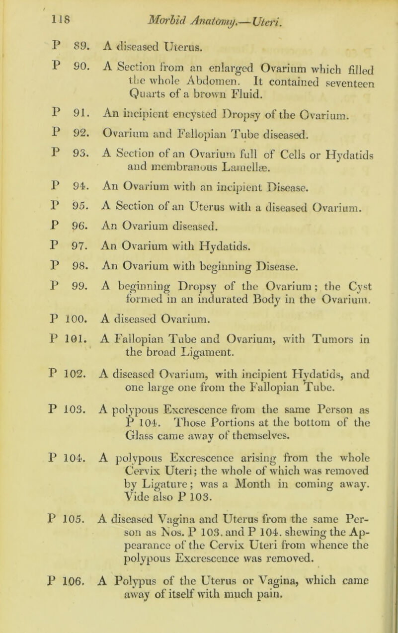 P 89. P 90. P 91. P 92. P 93. P 94. P 95. P 96. P 97. P 98. P 99. P 100. P 101. P 102. P 103. P 104. P 105. P 106. Morbid Anatomy.—Uteri. A diseased Uterus. A Section from an enlarged Ovarium which filled the whole Abdomen. It contained seventeen Quarts of a brown Fluid. An incipient encysted Dropsy of the Ovarium. Ovarium and Fallopian Tube diseased. A Section of an Ovarium full of Cells or Hydatids and membranous Lamellae. An Ovarium with an incipient Disease. A Section of an Uterus with a diseased Ovarium. An Ovarium diseased. An Ovarium with Hydatids. An Ovarium with beginning Disease. A beginning Dropsy of the Ovarium; the Cyst formed in an indurated Body in the Ovarium. A diseased Ovarium. A Fallopian Tube and Ovarium, with Tumors in the broad Ligament. A diseased Ovarium, with incipient Hydatids, and one large one from the Fallopian Tube. A polypous Excrescence from the same Person as P 104. Those Portions at the bottom of the Glass came away of themselves. A polypous Excrescence arising from the whole Cervix Uteri; the whole of which was removed by Ligature; was a Month in coming away. Vide also P 103. A diseased Vagina and Uterus from the same Per- son as ]\os. P 103. and P 104. shewing the Ap- pearance of the Cervix Uteri from whence the polypous Excrescence was removed. A Polypus of the Uterus or Vagina, which came away of itself with much pain.
