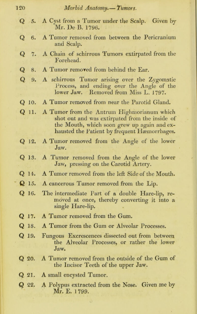 Q 5. A Cyst from a Tumor under the Scalp. Given by Mr. De B. 1796. Q 6. A Tumor removed from between the Pericranium and Scalp. Q 7. A Chain of schirrous Tumors extirpated from the Forehead. Q 8. A Tumor removed from behind the Ear. Q 9. A schirrous Tumor arising over the Zygomatic Process, and ending over the Angle of the lower Jaw. Removed from Miss L. 1797. Q 10. A Tumor removed from near the Parotid Gland. Q 11. A Tumor from the Antrum Highmorianum which shot out and was extirpated from the inside of the Mouth, which soon grew up again and ex- hausted the Patient by frequent Haemorrhages. Q 12. A Tumor removed from the Angle of the lower Jaw. Q 13. A Tumor removed from the Angle of the lower Jaw, pressing on the Carotid Artery. Q 14. A Tumor removed from the left Side of the Mouth. Q 15. A cancerous Tumor removed from the Lip. Q 16. The intermediate Part of a double Hare-lip, re- moved at once, thereby converting it into a single Hare-lip. Q 17. A Tumor removed from the Gum. Q 18. A Tumor from the Gum or Alveolar Processes. Q 19. Fungous Excrescences dissected out from between the Alveolar Processes, or rather the lower Jaw. Q 20. A Tumor removed from the outside of the Gum of the Incisor Teeth of the upper Jaw. Q 21. A small encysted Tumor. Q 22. A Polypus extracted from the Nose. Given me by Mr. E. 1 799.