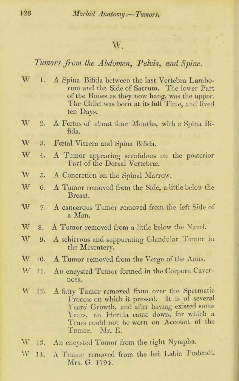 w. Tumors from the Abdomen, Pelvis, and Spine. W 1. A Spina Bifida between the last Vertebra Lumbo- l'um and the Side of Sacrum. The lower Part of the Bones as they now hang, was the upper. The Child was born at its lull Time, and lived ten Days. W 2. A F cetus of about four Months, with a Spina Bi- fida. W 3. Foetal Viscera and Spina Bifida. W 4. A Tumor appearing scrofulous on the posterior Part of the Dorsal Vertebrae. W 5. A Concretion on the Spinal Marrow. W 6. A Tumor removed from the Side, a little below the Breast. W 7- A cancerous Tumor removed from the left Side of a Man. W 8. A Tumor removed from a little below the Navel. W 9. A schirrous and suppurating Glandular Tumor in the Mesentery. W 10. A Tumor removed from the Verge of the Anus. W 11. An encysted Tumor formed in the Corpora Caver- nosa. W 12. A fatty Tumor removed from over the Spermatic Process on which it pressed. It is of several Years’ Growth, and after having existed some Years, an Hernia came down, for which a Truss could not be worn on Account ol the Tumor. Mr. E. Yvr 13. An encysted Tumor from the right Nympha. M 14. A Tumor removed from the left Labia Pudendi. Mrs. G. 1794.