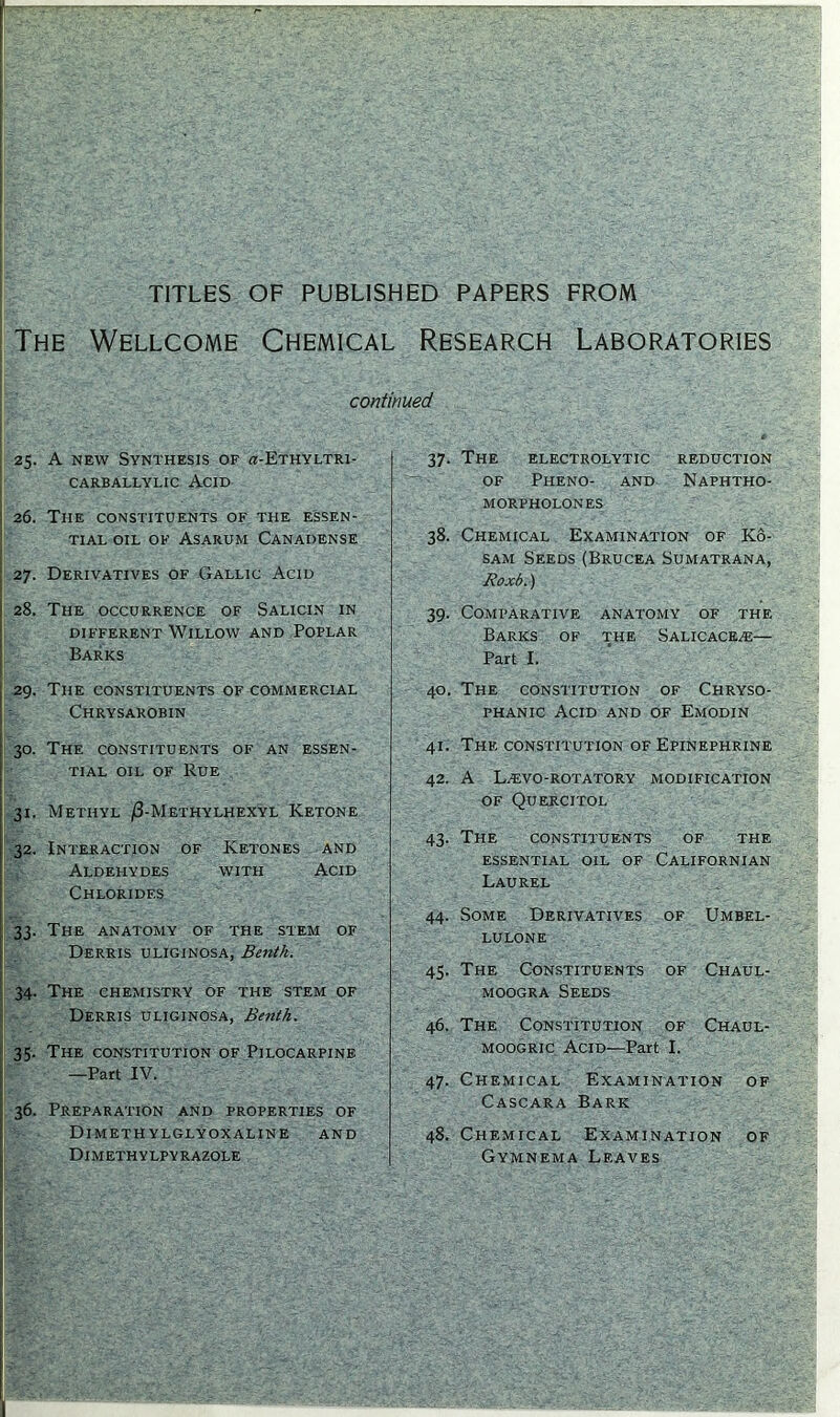 TITLES OF PUBLISHED PAPERS FROM The Wellcome Chemical Research Laboratories continued . 25. A NEW Synthesis of a-ETHYLTRi- I CARBALLYLIC ACID ; 26. The constituents of the essen- I TIAL OIL OF ASARUM CANADENSE I 27. Derivatives of Gallic Acid ! I 28. The occurrence of Salicin in I DIFFERENT WiLLOW AND POPLAR I Barks I 29. The constituents of commercial Chrysarobin 30. The constituents of an essen- I TlAL OIL OF Rue 31. Methyl iS-Methylhexyl Ketone 32. Interaction of Ketones and Aldehydes with Acid Chlorides 33. The anatomy of the stem of Derris uliginosa, Benth. 34. The chemistry of the stem of Derris uliginosa, Bmth. 35. The constitution of Pilocarpine —Part IV. 36. Preparation and properties of Dimethylglyoxahne and Dl M ETH Y LP V RAZOLE 37. The electrolytic reduction OF Pheno- and Naphtho- morpholones 38. Chemical Examination of K6- SAM Seeds (Brucea Sumatrana, Roxb.) 39. Comparative anatomy of the Barks of the Salicace^— Part I. 40. The constitution of Chryso- phanic Acid and of Emodin 41. The constitution of Epinephrine 42. A LiEVO-ROTATORY MODIFICATION OF Quercitol 43. The constituents of the essential oil of Californian Laurel 44. Some Derivatives of Umbel- lulone 45. The Constituents of Chaul- moogra Seeds 46. The Constitution of Chaul- moogric Acid—Part I. 47. Chemical Examination of Cascara Bark 48. Chemical Examination of Gymnema Leaves