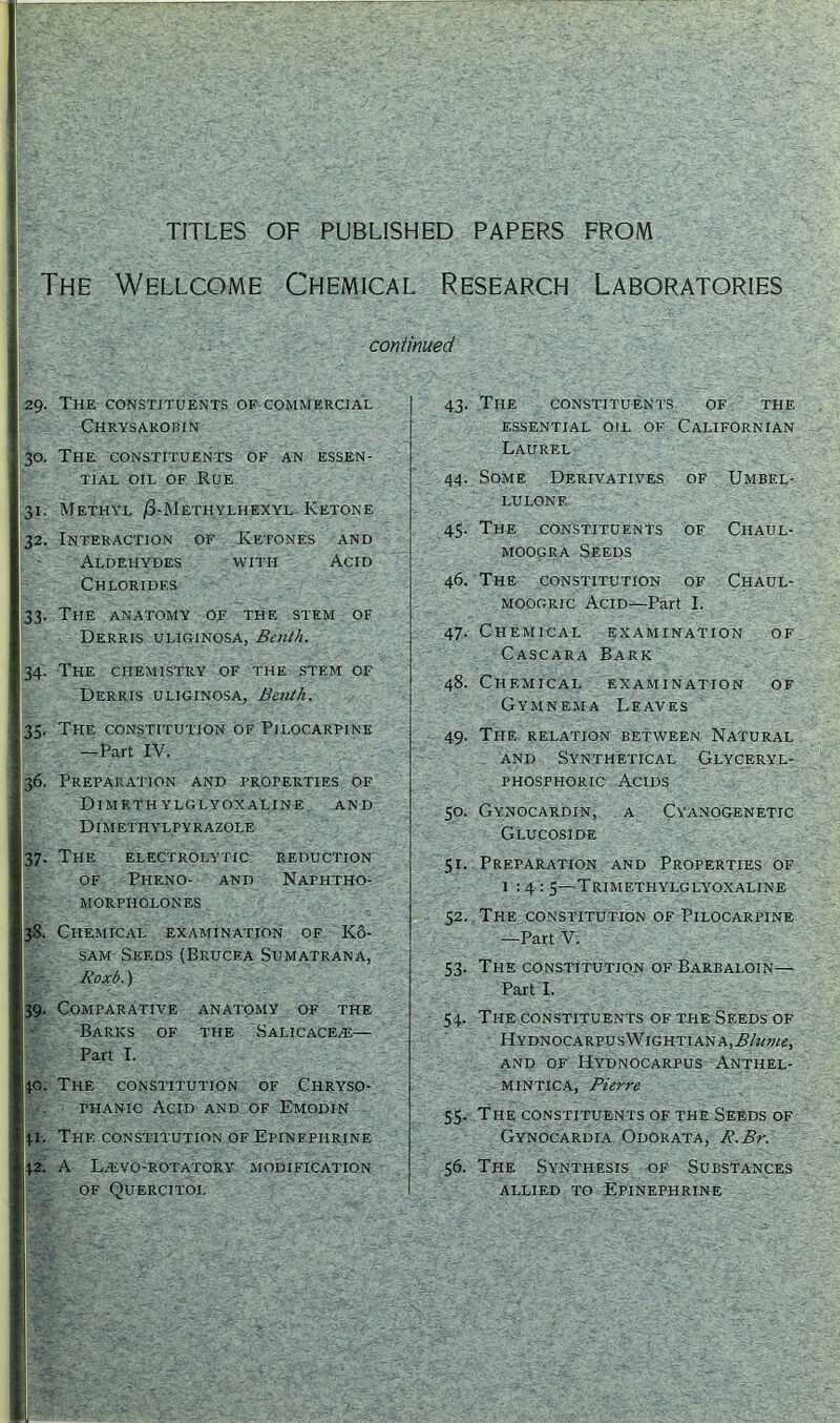 - . V • . . r-,: TITLES OF PUBLISHED PAPERS FROM I -; V ' . _ . j The Wellcome Chemical Research Laboratories I continued I 29. The constituents of commercial I Chrysarobin 130. The constituents Of an essen- tial oil of Rue 31. Methyl /3-Methylhexyl Ketone 32. Interaction of Ketones and Aldehydes with Acid Chlorides 33. The anatomy of the stem of Derris uliginosa, Benth. 34. The chemistry of the stem of Derris uliginosa, Benth. 33. The constitution of Pilocarpine I; —Part IV. 136. Preparation and properties of Dimethylglyoxaline and DIM ETH Y LP Y R AZOLE 37. THE ELECTROLYTIC REDUCTION OF PHENO- AND NAPHTHO- MORPIIOLONES 138. Chemical examination of K6- sam Seeds (Brucea Sumatrana, Roxb.) 39. Comparative anatomy of the Barks of the Salicace/k— Part I. 30. The constitution of Chryso- phanic Acid and of Emodin 31. The constitution of Epinephrine \2. A Lasvo-rotatory modification I of Quercitoi. 43. The Constituents of the essential oil of Californian Laurel 44. Some Derivatives lulonf. of Umbel- 45- The constituents moogra Seeds OF Chaul- 46. The constitution OF Chaul- moogric Acid-—Part I. 47- Chemical examination of Cascara Bark 00 Chemical examination of Gymnema Leaves 49. The relation between Natural and Synthetical Glyceryl- phosphoric Acids 50. Gynocardin, a Cyanogenetic Glucosidf. 51. Preparation and Properties of 1:4: 5—Trimethylglyoxaline 52. The constitution of Pilocarpine —Part V. 53. The constitution of Barbaloin— Part I. 54. The constituents of the Seeds of H y d n oc a r fusWightiana, AYzd;^, AND OF HYDNOCARPUS ANTHEL- MINTICA, Pierre 55. The constituents of the Seeds of Gynocardla Odorata, R.Br. 56. The Synthesis -of Substances allied to Epinephrine